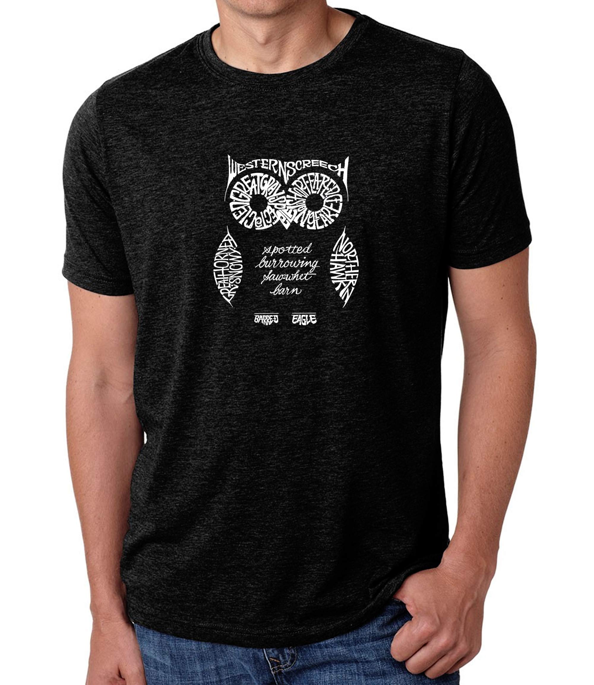 LA POP ART Men's Premium Blend Word Art Graphic T-Shirt with Owl Design - Soft Cotton Tee for Casual Wear, Street Style & Gifts