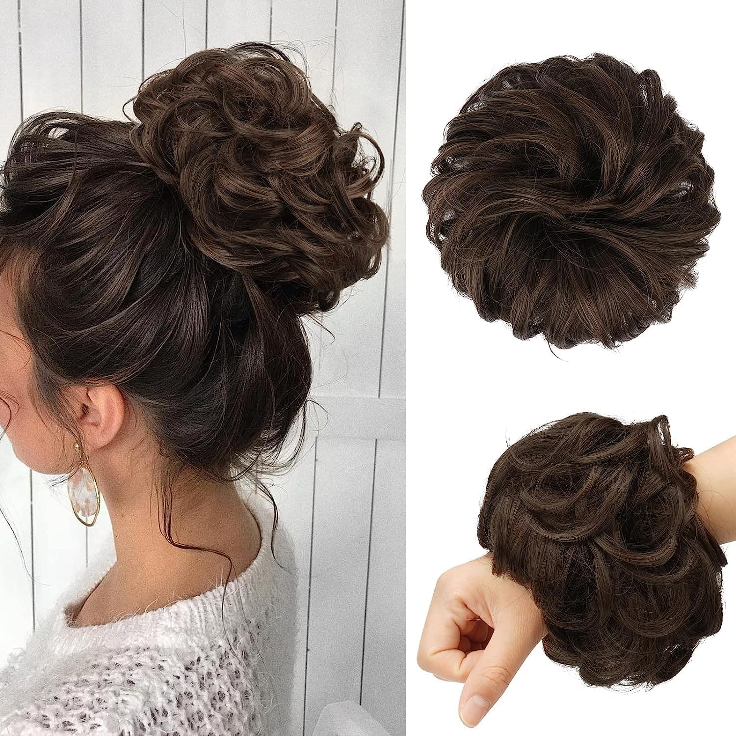 DELORUS 1PCS Messy Bun Hair Extension with Elastic Band - Synthetic Hairpiece for Women & Girls - Brown Color (Pack of 1) - Perfect for Parties, Weddings & Everyday Hairstyles