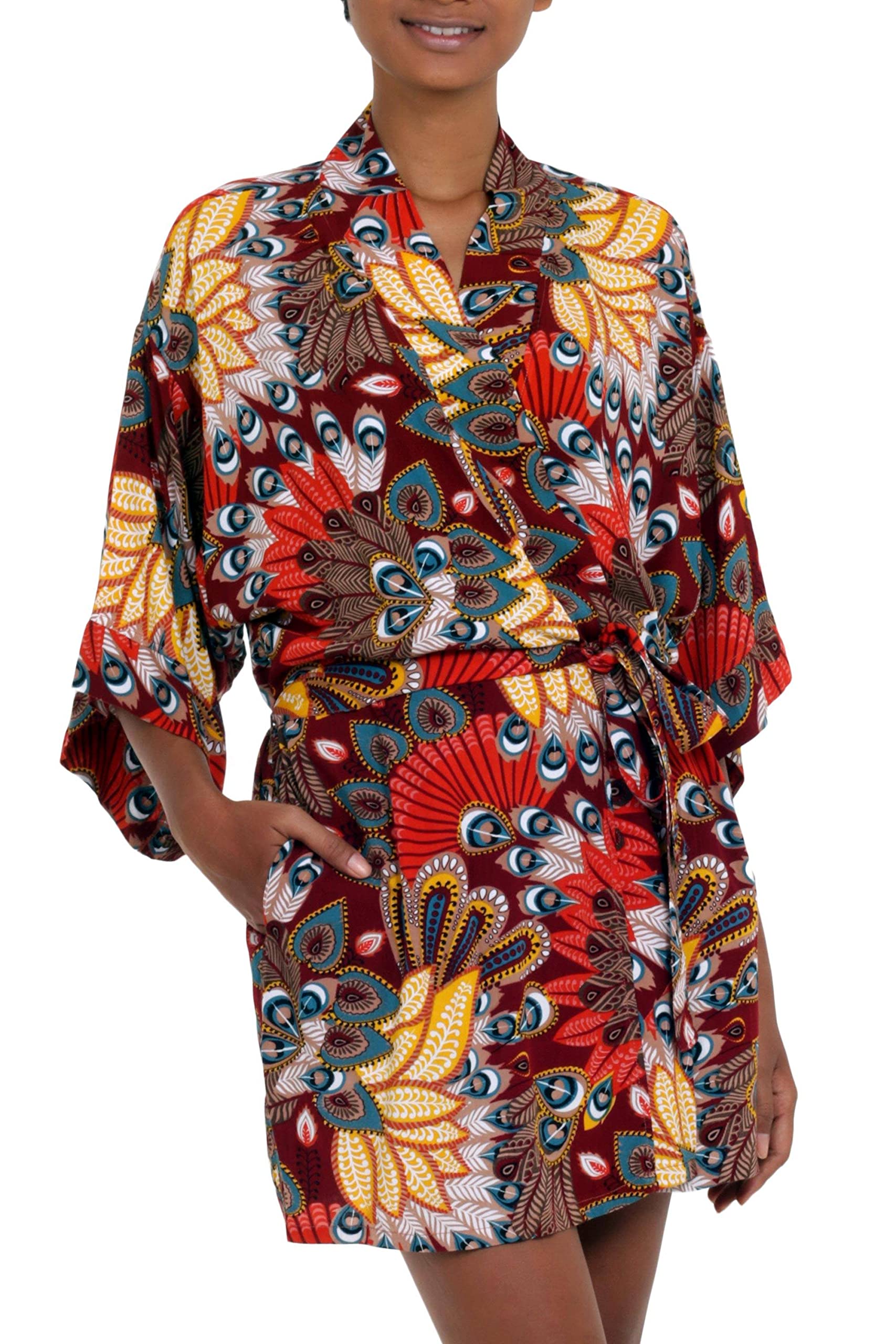 Elegant NOVICA Red Peacock Rayon Robe for Women - Lightweight & Comfortable Lounge Wear - Perfect for Spa, Beach Cover-Up, or Home Relaxation