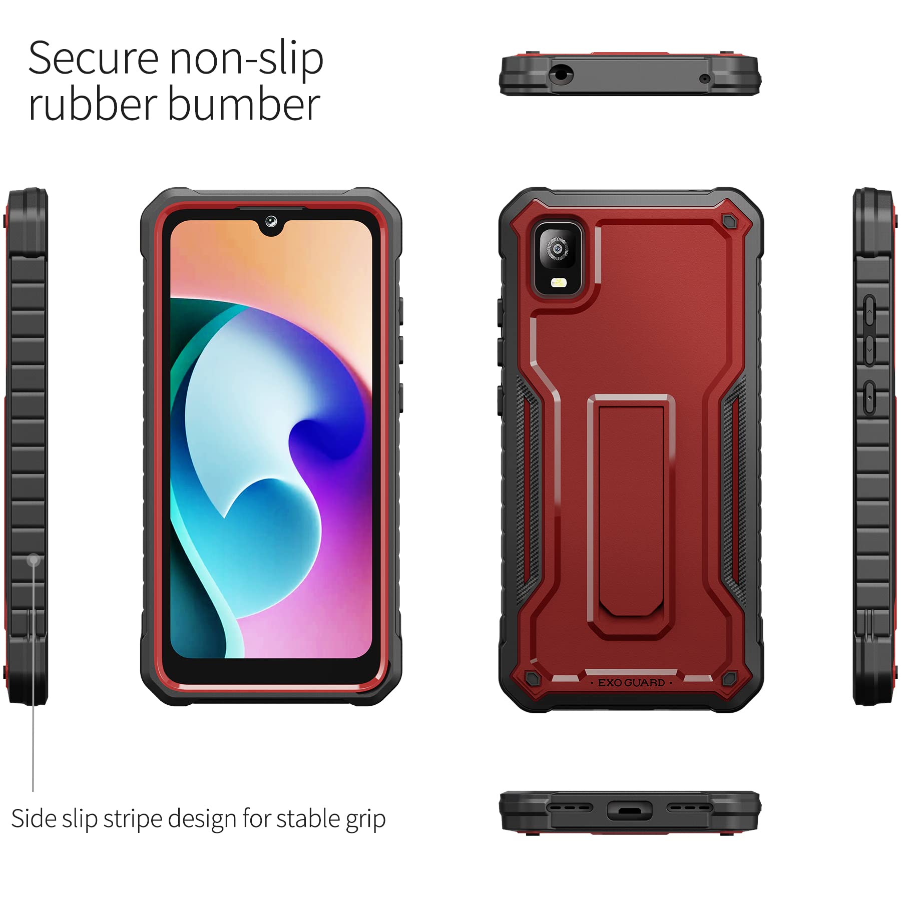 Shockproof Full-Body Case for TCL 30Z & TCL 30 LE with Tempered Glass Screen Protector & Kickstand - Durable Rubber Phone Cover (Red) | Perfect for Outdoor Activities, Work & Daily Protection