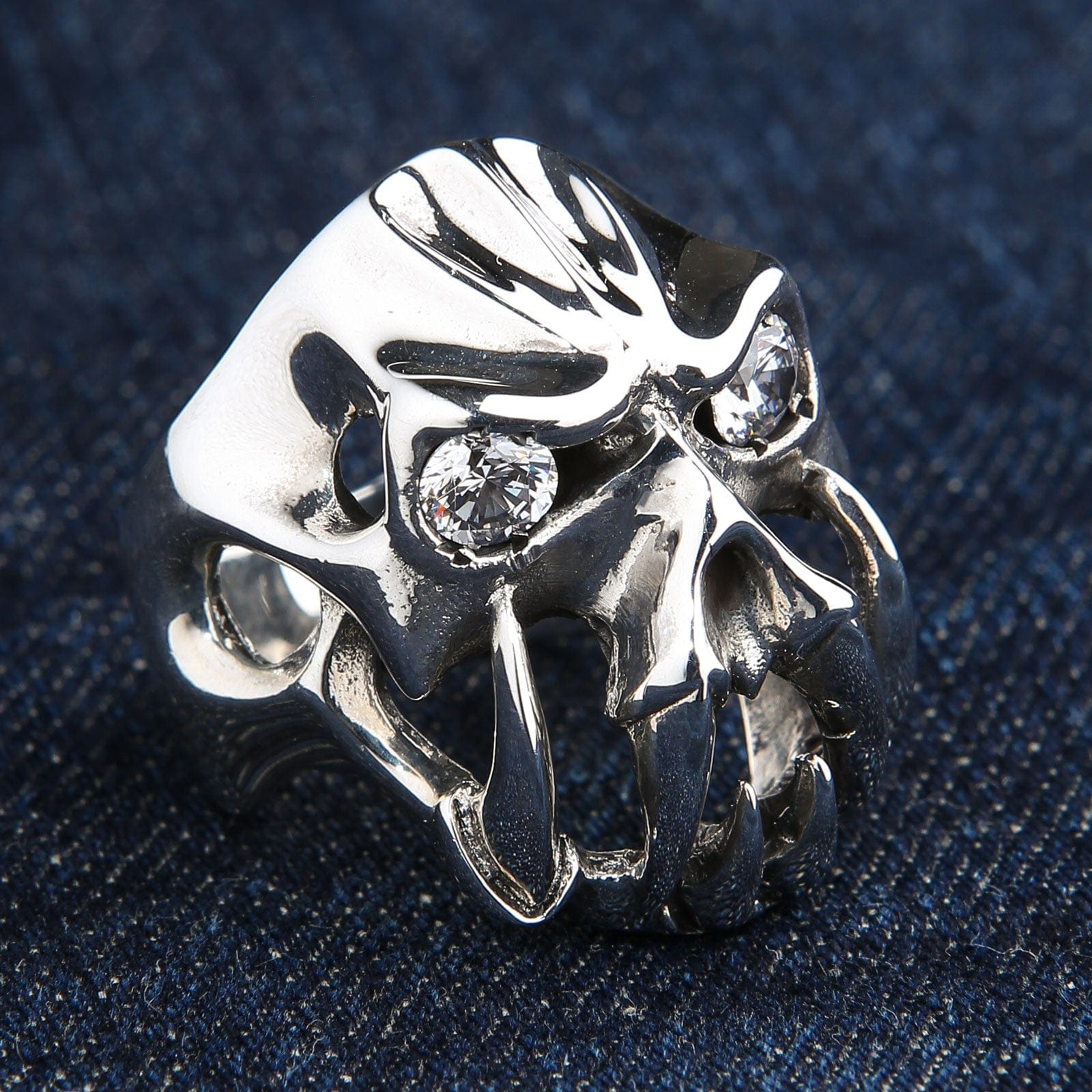 Sterling Silver Diamond Eyes Devil Fang Skull Ring for Men - Gothic Punk Jewelry for Halloween, Costume Parties & Alternative Fashion