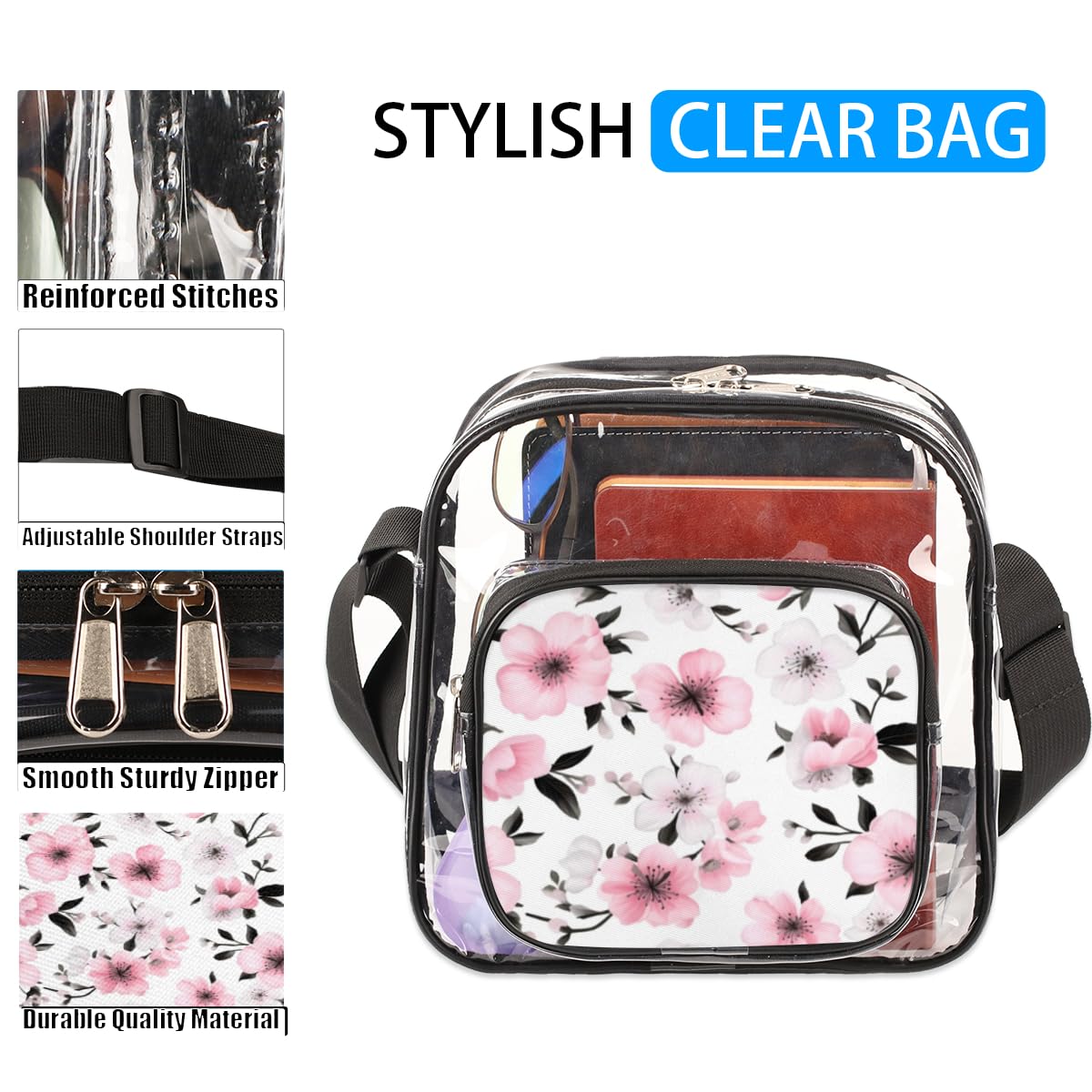 Clear PVC Crossbody Bag with Cherry Blossom Design - Stadium Approved Transparent Messenger Purse for Concerts, Sports Events & Work (9.84