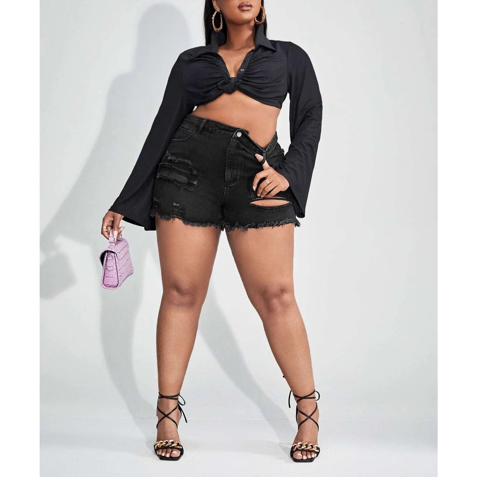MapleHub Plus Size Women's Ripped Denim Jean Shorts - High Waisted Stretchy Folded Hem Distressed Denim Shorts for Casual Wear & Summer Outfits
