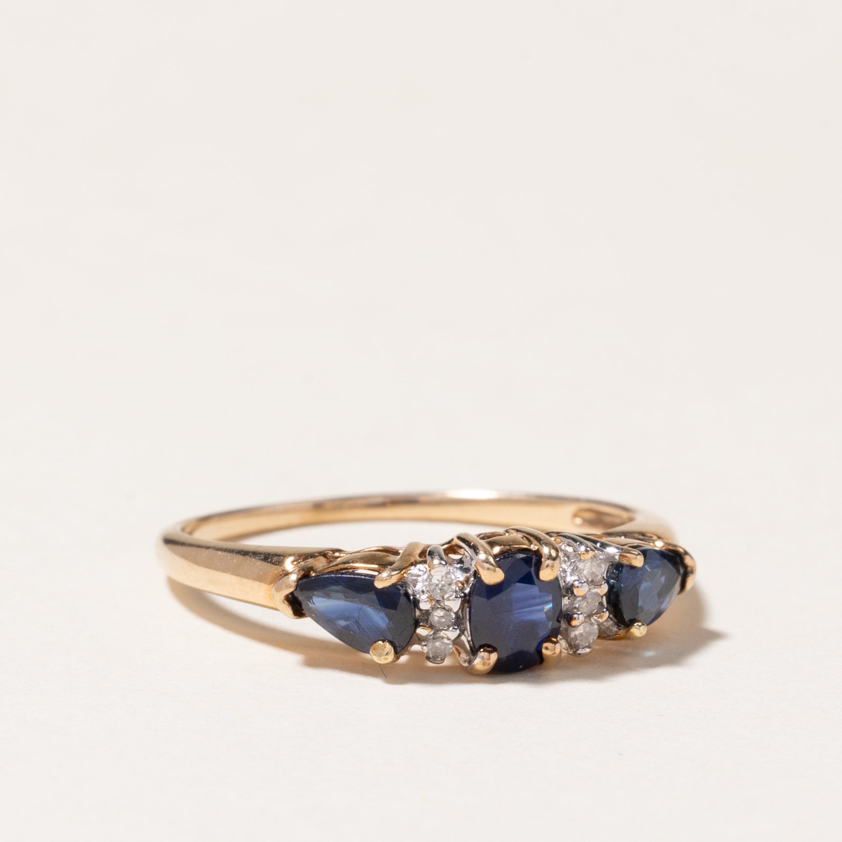 10K Yellow Gold Three Stone Sapphire & Diamond Ring - 0.86ctw Sapphire & 0.06ctw Diamond - Size 7 | Elegant Engagement, Anniversary or Gift Jewelry for Women