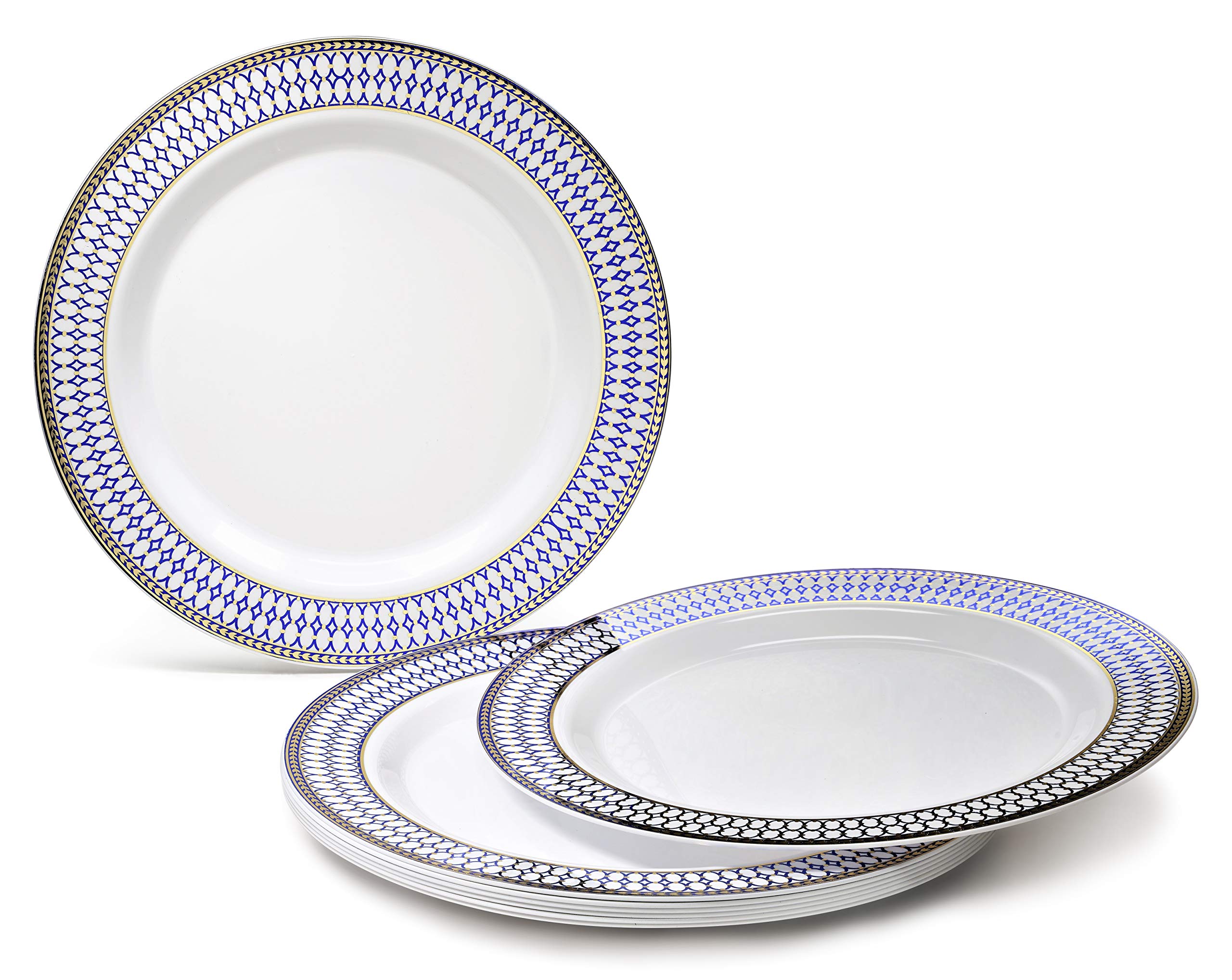 320-Piece Heavyweight Disposable Plastic Plate Set for Weddings & Parties – Includes 40 x 10.5'' Plates, 40 x 7.5'' Plates, Silverware, Cups & Napkins (Odyssey White/Blue & Gold) – Perfect for Large Gatherings, Catering Events & Special Occasions