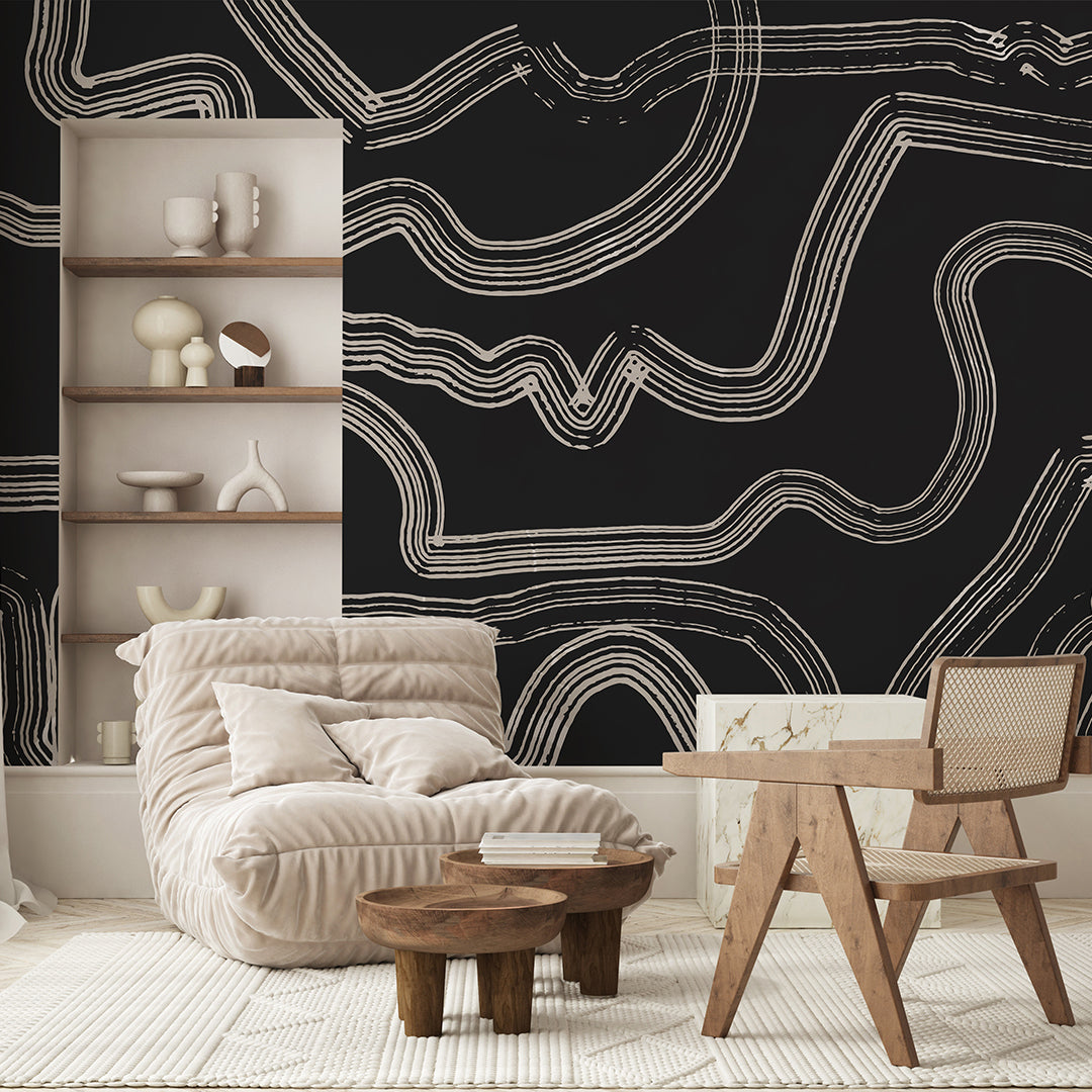 Black & Beige Brush Lines Wall Mural AM014 - Modern Abstract Wallpaper for Living Room, Bedroom & Office Decor