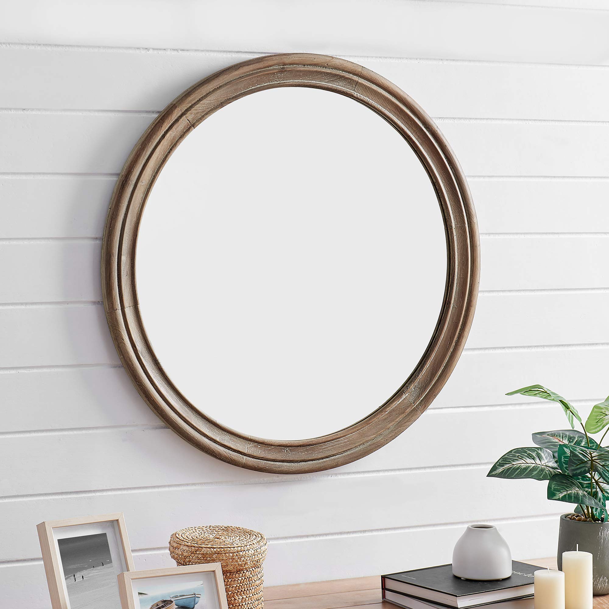 FirsTime & Co. 30 Inch Round Brown Clybourne Wall Mirror - Vintage Wood Farmhouse Decor for Bedroom, Bathroom Vanity & Living Room - Perfect for Home Decor and Interior Design