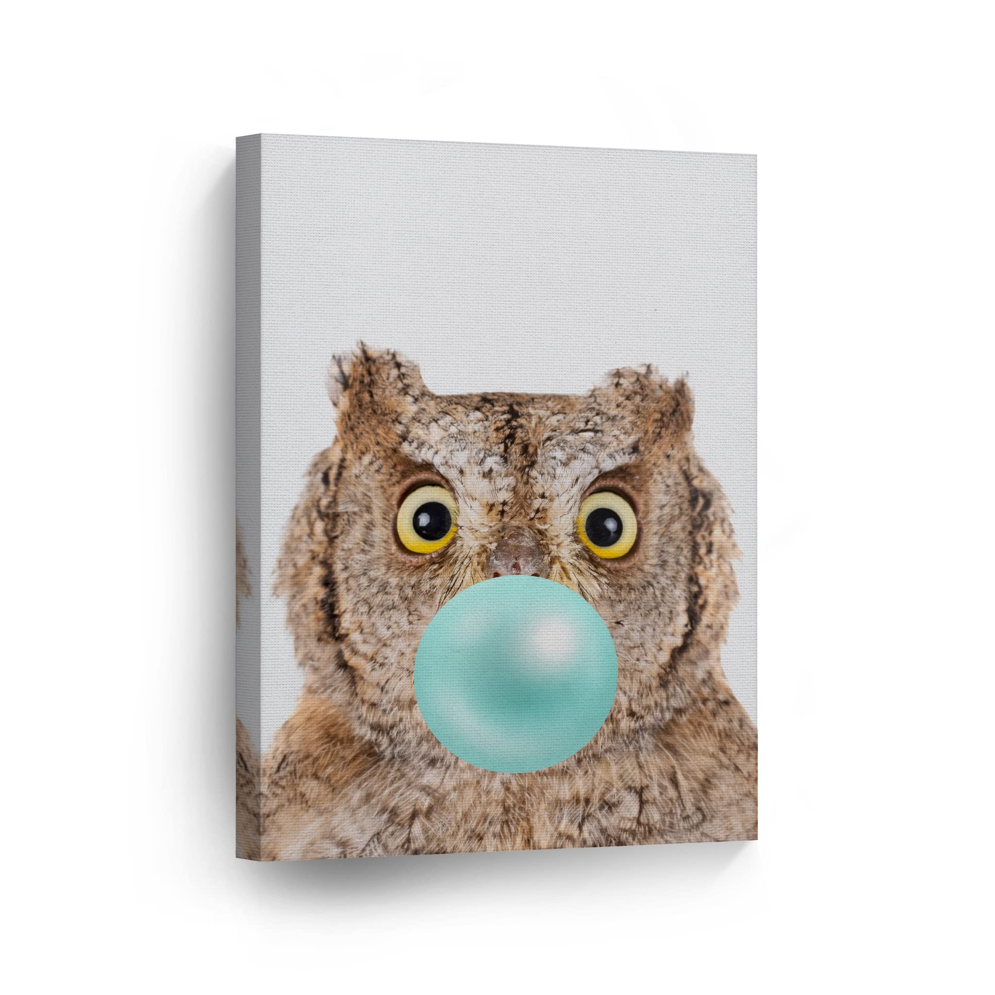 Eurasian Scops Owl Chewing Blue Bubble Gum Canvas Wall Art Print - 40x30 Inch Pop Animal Art for Office, Bedroom & Nursery Decor - Perfect for Safari Theme Rooms & Kids' Spaces