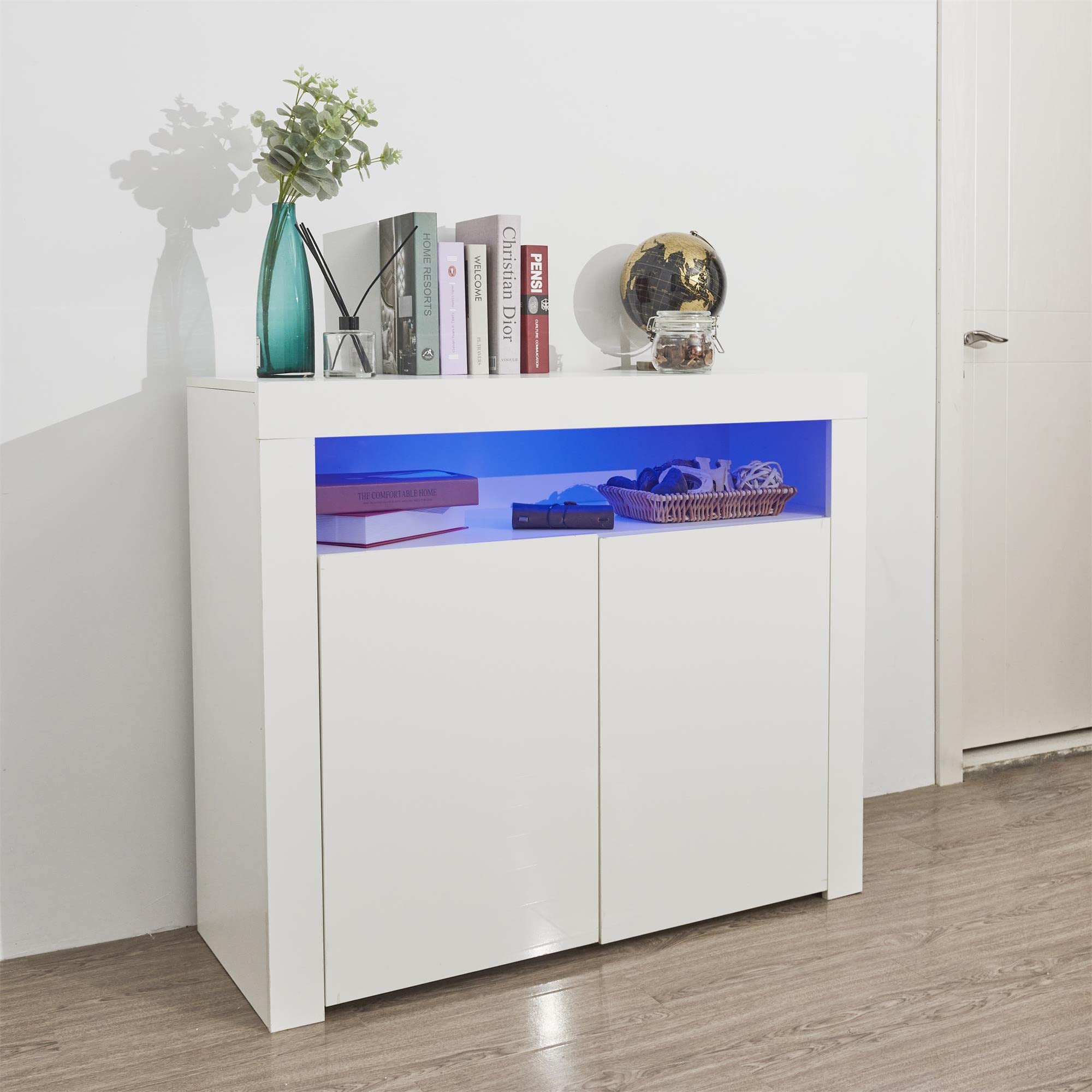 Tmosi Modern Buffet Sideboard Storage Cabinet with LED Lights - 16 Colors & 4 Lighting Effects, Kitchen Unit Cupboard TV Stand for Living Room, Dining Room, Restaurant (White Wood Finish) | Perfect for Home Entertainment, Dining Storage & Commercial Display