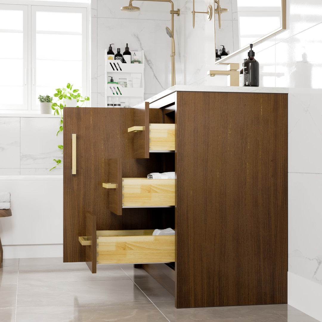 42 Inch Walnut Wood Bathroom Vanity with Carrara Quartz Countertop & Undermount Porcelain Sink - Modern Single Sink Vanity for Master Bath, Guest Bath & Powder Room
