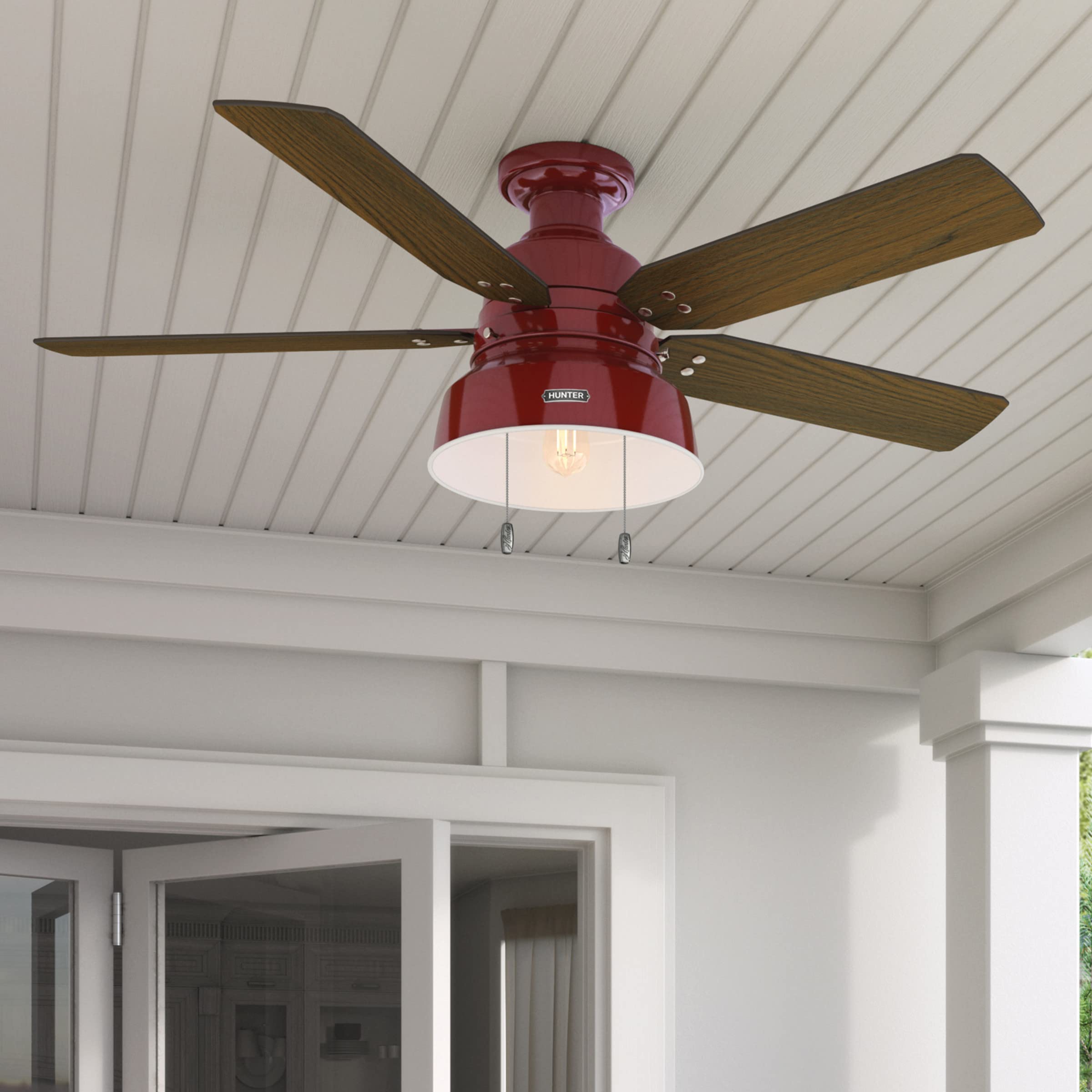 Hunter 59312 52 Inch Mill Valley Ceiling Fan with Light Kit - Large Barn Red Indoor/Outdoor Ceiling Fan for Living Room, Bedroom, Patio & Covered Porch