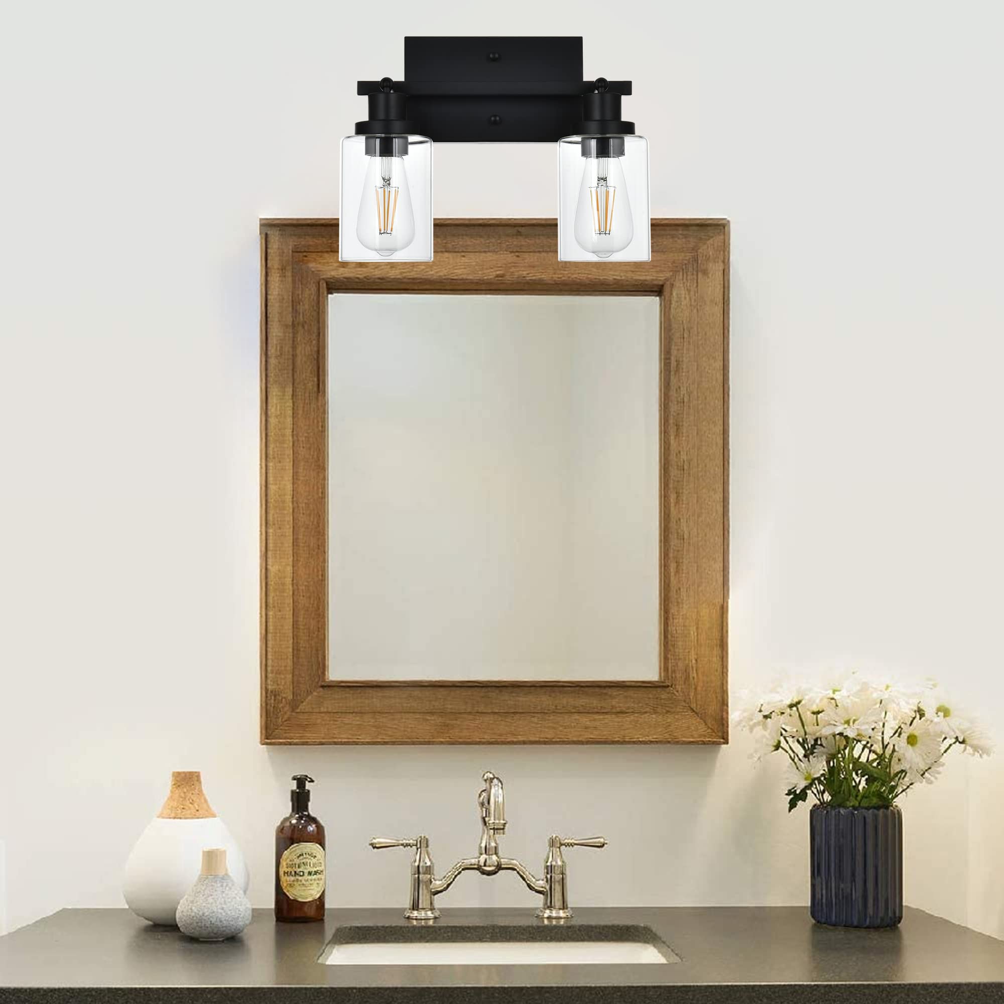 MELUCEE 13.8 Inch Black 2-Light Wall Sconce Spotlight - Semi Flush Mount Ceiling Light with Rotatable Track & Clear Glass Shade - Perfect for Bathroom, Hallway, Porch, Foyer & Storage Areas Lighting