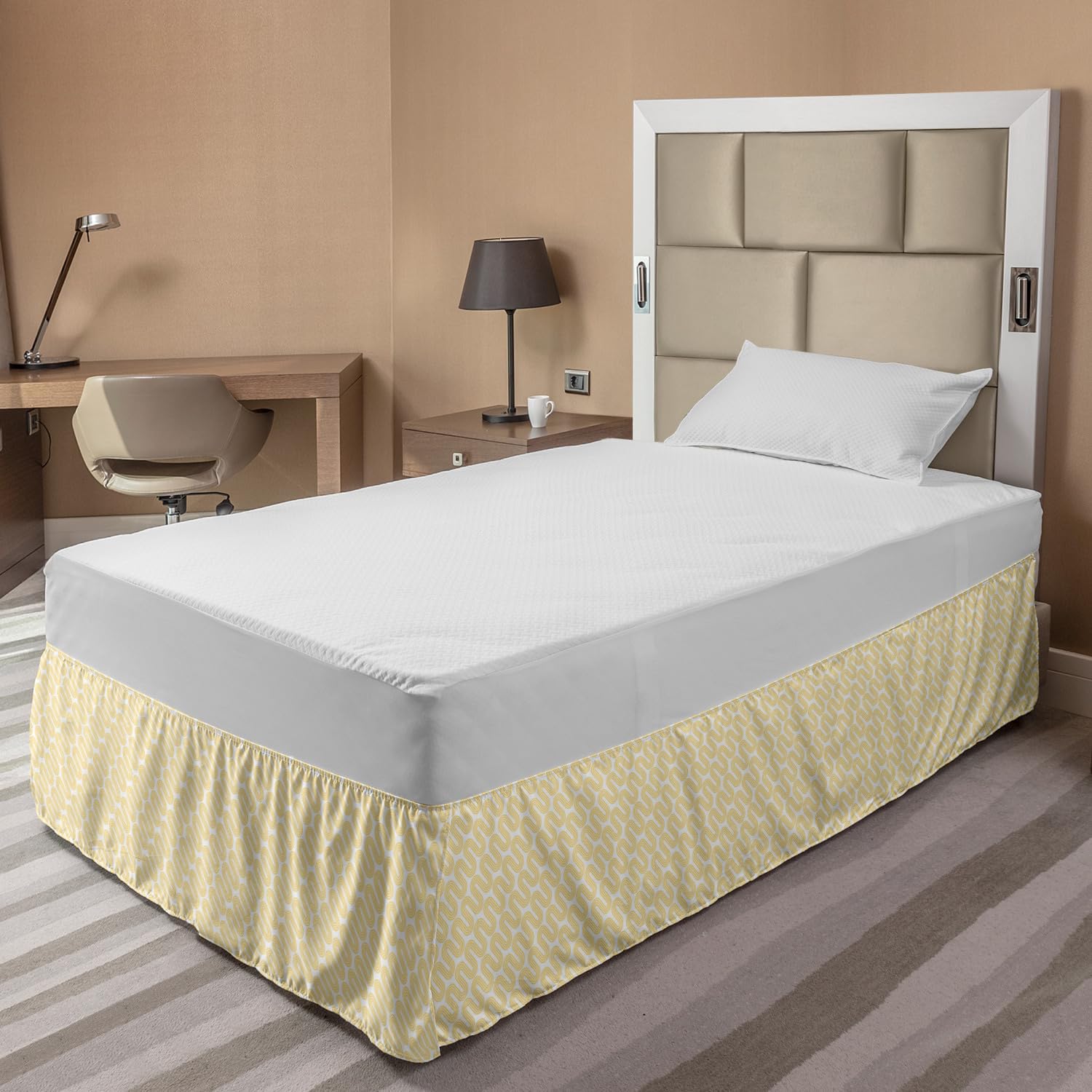 Ambesonne Geometric Bed Skirt with Abstract Wavy Lines - Elastic Dust Ruffle Wrap Around for Twin/Twin XL Beds - White & Mustard Home Decor - Perfect for Modern Bedroom Styling and Guest Room Makeovers