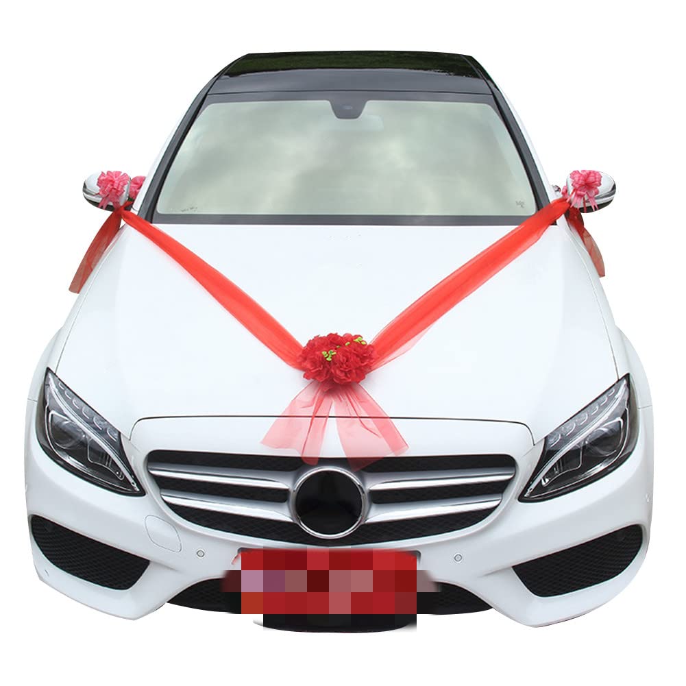 Artificial Wedding Car Flower Decorations Set - DIY Car Door Handle Flowers, Ribbon Bows & Plate for Wedding Party Events - Perfect for Bridal Car Decor, Wedding Procession & Anniversary Celebrations
