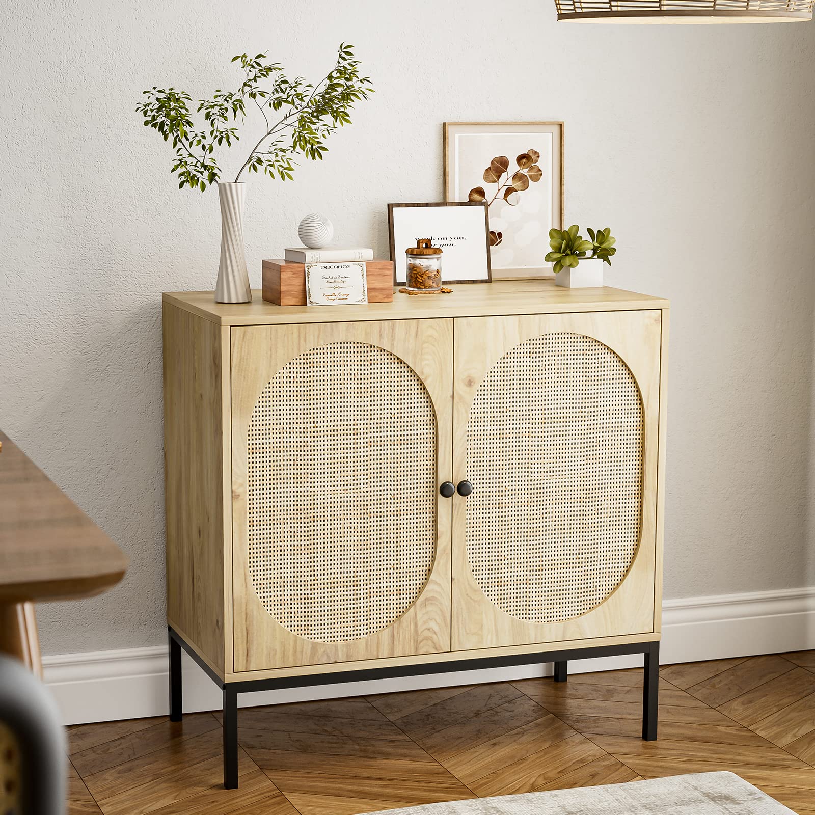 IKIFLY Handmade Natural Rattan Accent Storage Cabinet - Sideboard Buffet Cabinet for Kitchen, Dining Room & Living Room - Rustic Home Decor for Hallway, Entryway & Bedroom Storage - Natural Rattan Console Table
