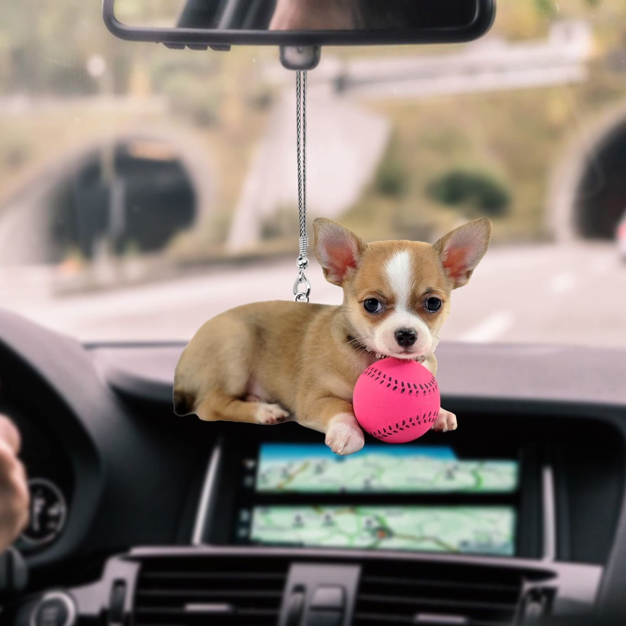 Grumpy Chihuahua Playing with Ball - Funny 2D Printed Double-Sided Car Hanging Ornament for Dog Lovers - Perfect Car Accessory for Rear View Mirror - Great Gift for Chihuahua Owners (Use: Adds Playful Charm to Your Car Interior, Ideal for Pet Lovers & Road Trips)