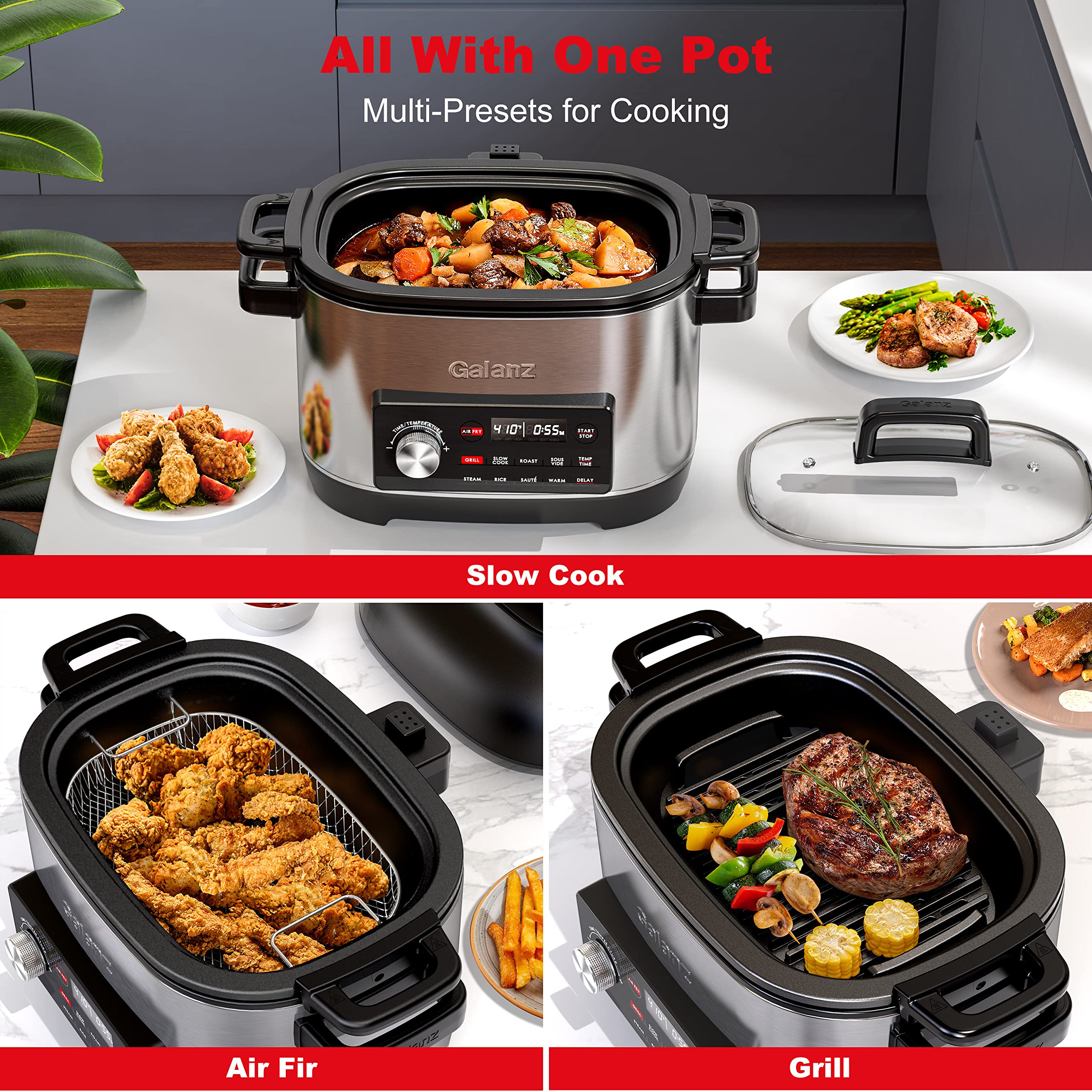 Galanz 8-in-1 Multi Cooker with Air Fry, Sous Vide, Rice Cooker, Sauté, Slow Cooker, Steamer, Roaster & Grill - 8 QT Removable Nonstick Pot, 8 Preset Programs, Stainless Steel - Perfect for Family Meals, Meal Prep & Healthy Cooking
