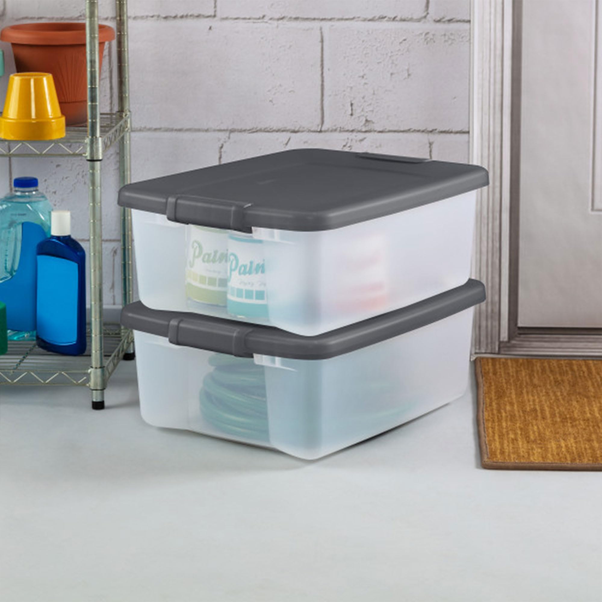 Sterilite 12-Pack 25 Qt Clear Plastic Storage Bins with Lids - Stackable Shelf Totes for Home Organization, Closet, Pantry & Office Supplies Storage - Durable Gray Containers