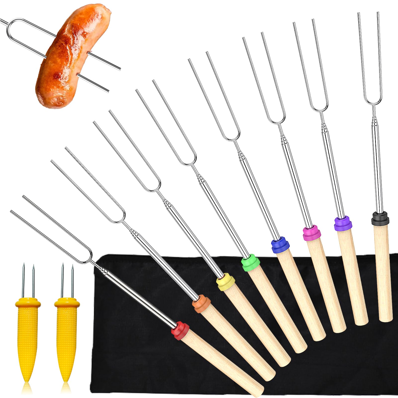 Hianjoo 8-Pack Stainless Steel Telescoping Roasting Sticks (81cm) with 2 Corn Holders & Storage Bag - Marshmallow Forks for Campfire, BBQ, Bonfire - Perfect for Smores, Grilling, and Outdoor Cooking | Camping Essentials & Fire Pit Skewers