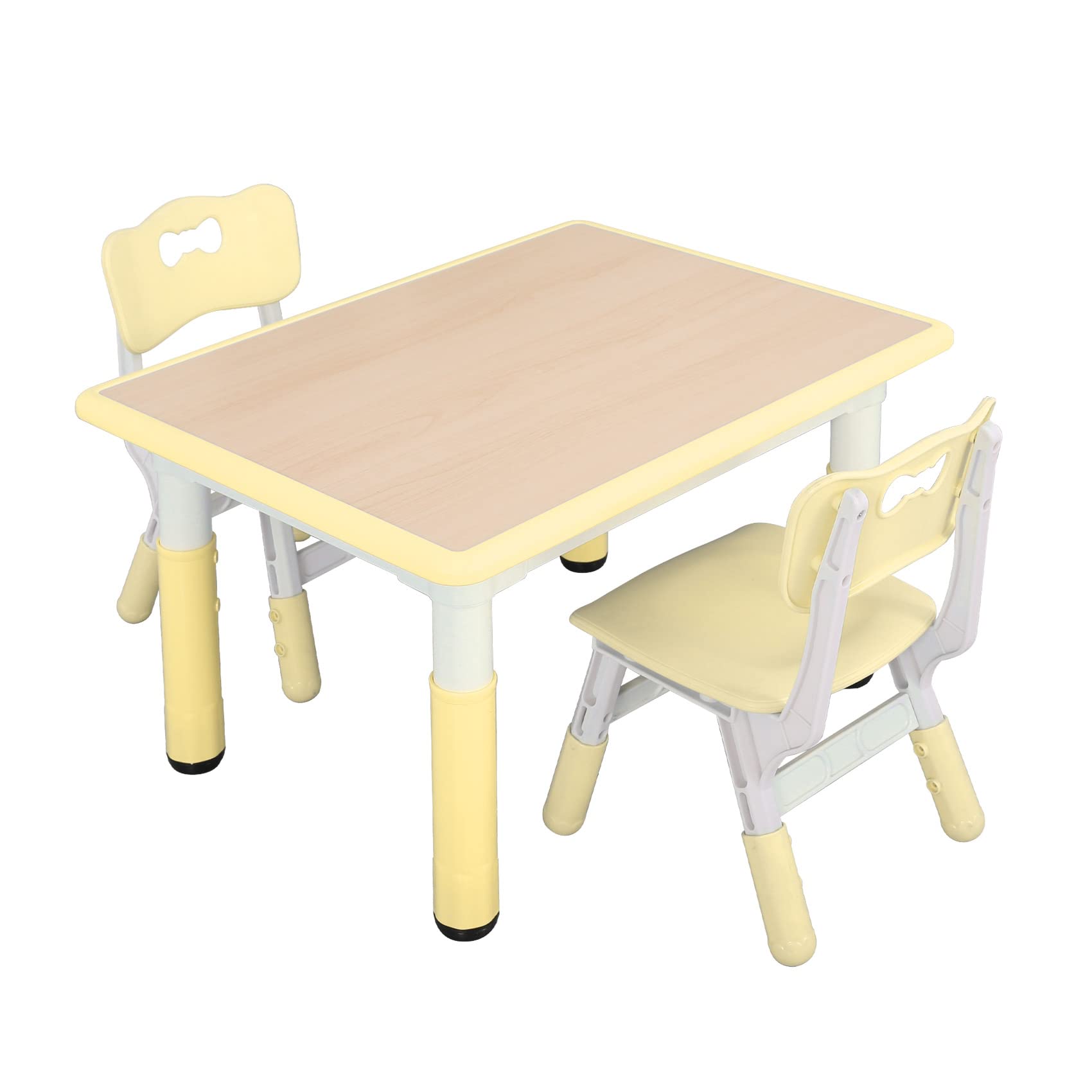 UNICOO Adjustable Kids Study Table and Chairs Set - Plastic Children's Art Desk with 2 Seats, Multi-Activity Learning Table (Maple Top with Yellow Border) BY-60-MY - Perfect for Homeschooling, Drawing, Crafts & Playroom Activities