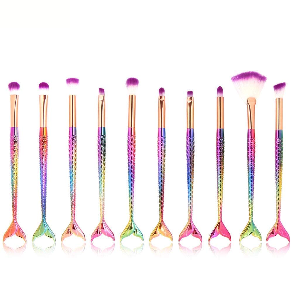 PIPALIYA 10PCS Professional Makeup Brush Set - 3D Mermaid Design Foundation, Eyeshadow, Eyebrow, Eyeliner & Blush Brushes for Flawless Makeup Application | Perfect for Daily Use, Travel & Professional Makeup Artists