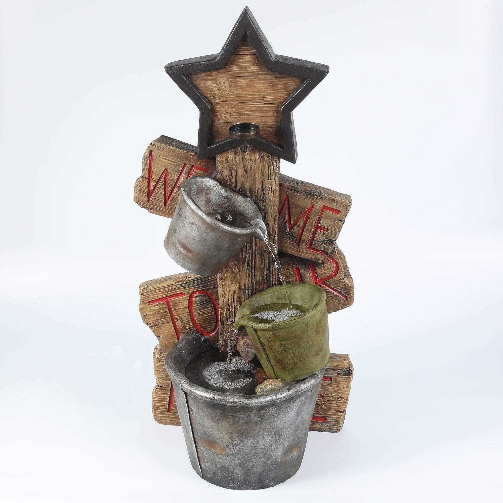 Farmhouse Style Brown and Silver Polyresin Outdoor Fountain with Star & Pot Design - Perfect for Garden, Patio, and Backyard Decor