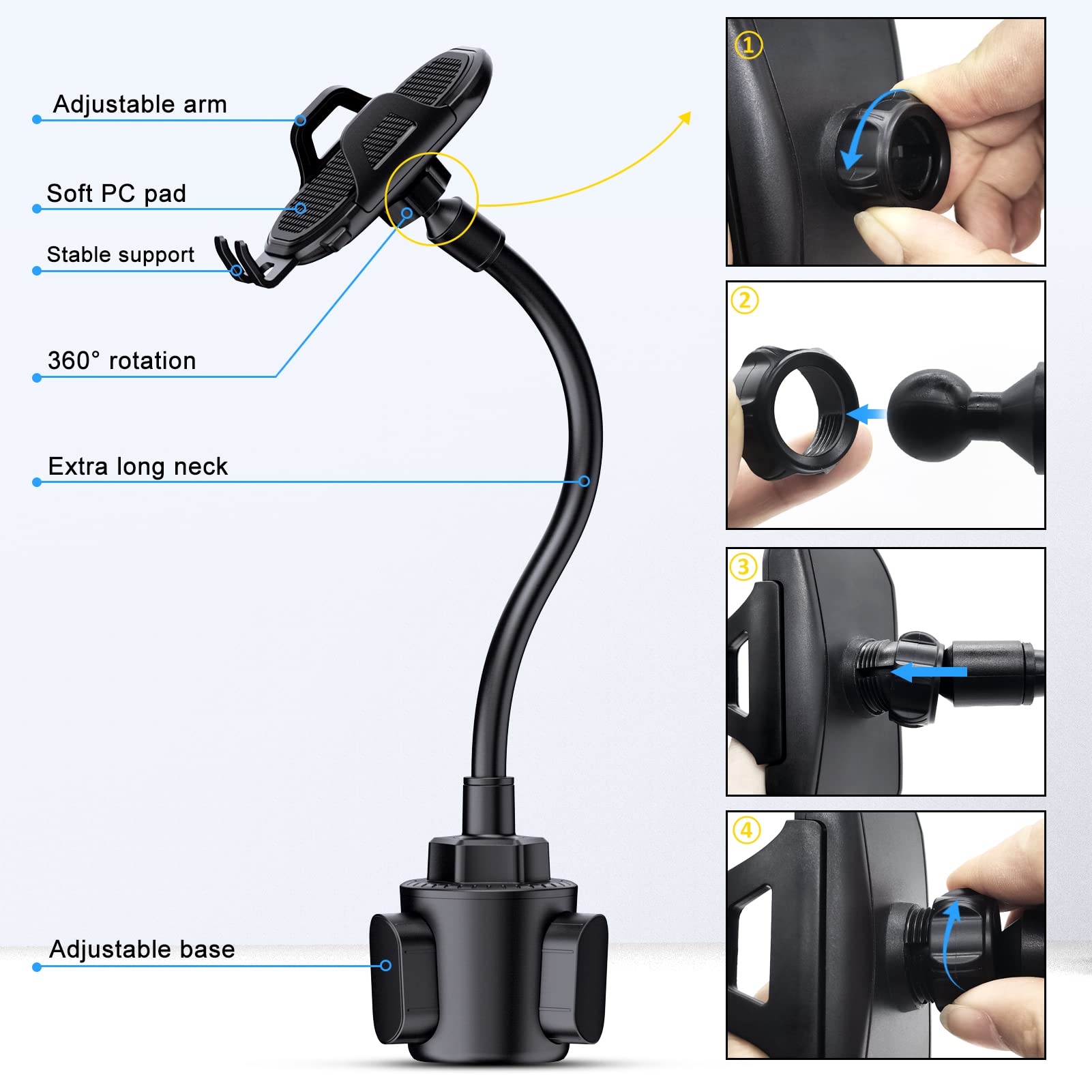 Lopnord Universal Car Phone Holder Mount - Adjustable Gooseneck Cup Holder Compatible with iPhone 15/14 Pro Max, Samsung Galaxy S24/S23/S22 Ultra - Perfect for Road Trips, GPS Navigation & Hands-Free Driving