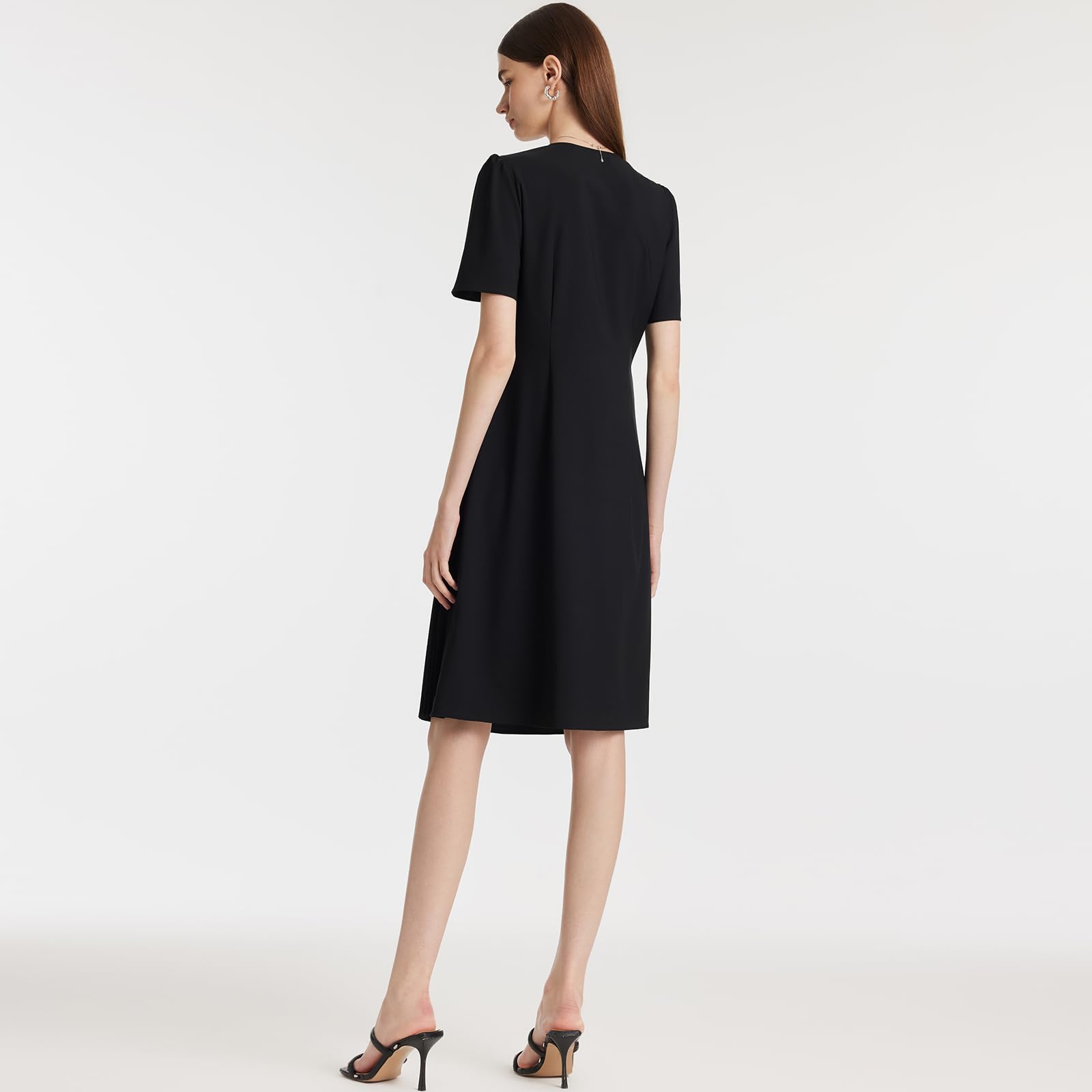 Women's Summer Black Mini Dress - Casual V-Neck Short Sleeve Patchwork Pleated A-Line Dress for Wedding Guest, Party, Date Night & Vacation