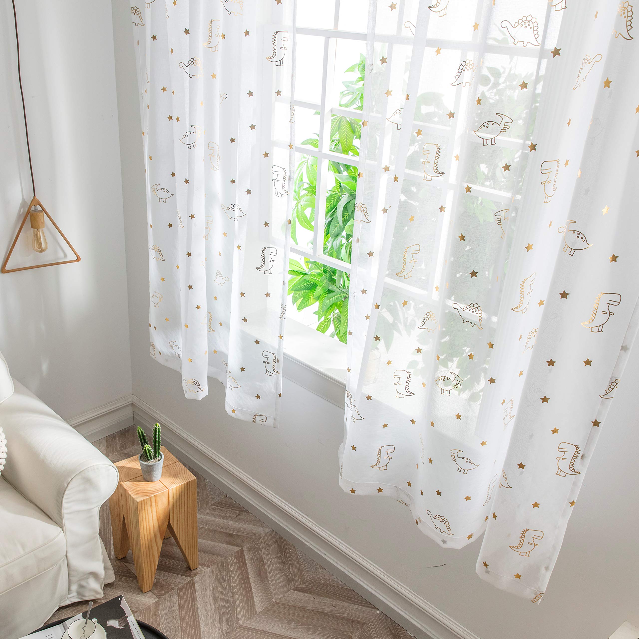 Dinosaur Sheer Curtains for Kids Room - Gold Foil Print Star & Dino Pattern Voile Drapes, 52x84 Inches, Set of 2 Panels with Rod Pocket | Perfect for Boys Nursery, Bedroom Decor & Playroom Windows