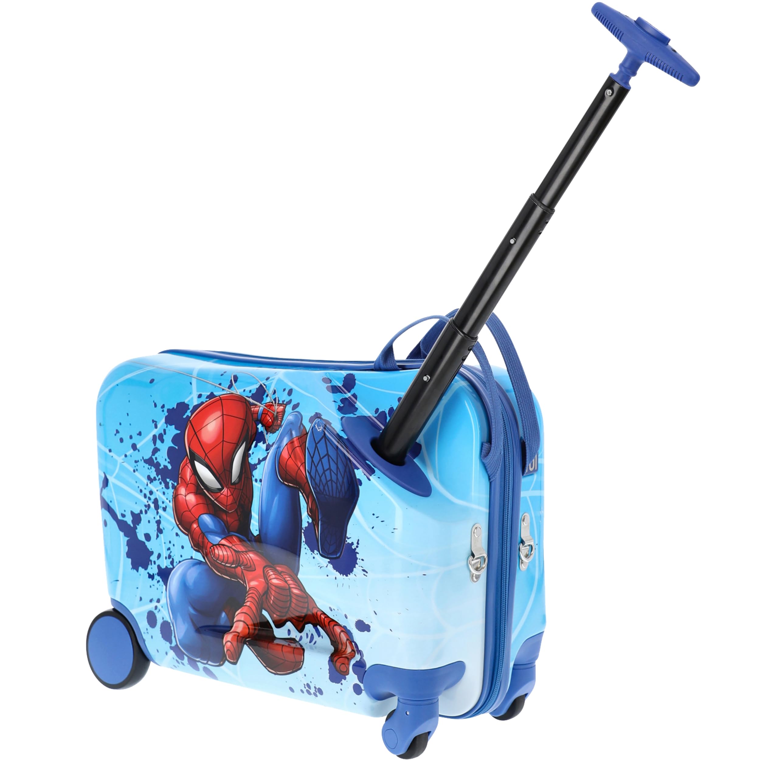 Spider-Man Kids Ride-On Suitcase - 19 Inch Light Blue Hardshell Rolling Luggage with Wheels | Unisex Carry-On Travel Trolley for Airplane & Family Vacations