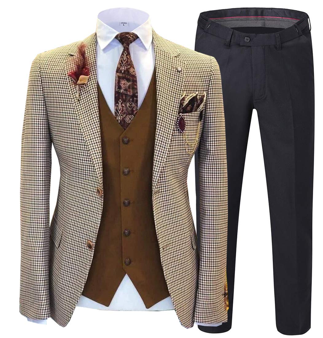 Men's 3-Piece Slim Fit Plaid Suit Set - Classic Tuxedo Blazer, Vest & Pants for Wedding, Groomsmen & Formal Events | Office Wear, Prom, Business Attire