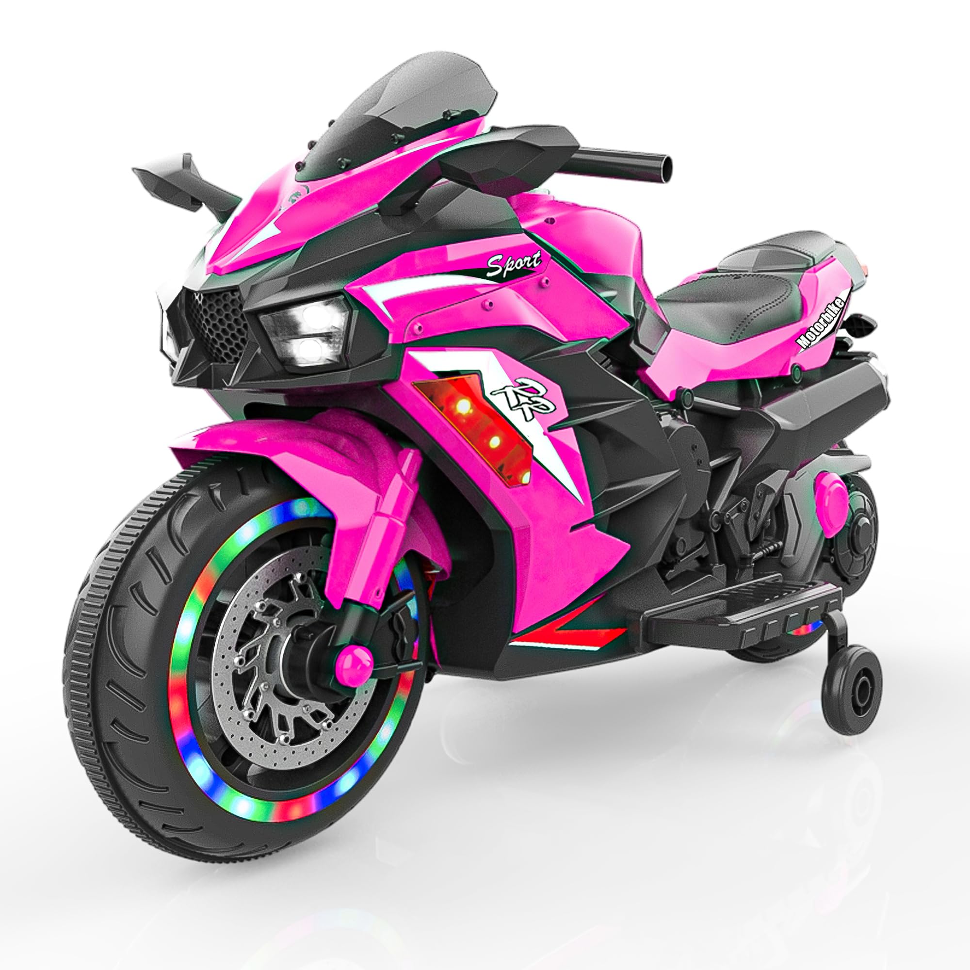 12V Kids Electric Ride On Motorcycle - 2 Wheels Battery Powered Toy Bike for Boys & Girls Ages 3-6 | LED Light-Up Tires, PU Seat & Racing Handlebars | Birthday Gift for Toddlers | Perfect for Indoor Play & Backyard Fun (Pink)