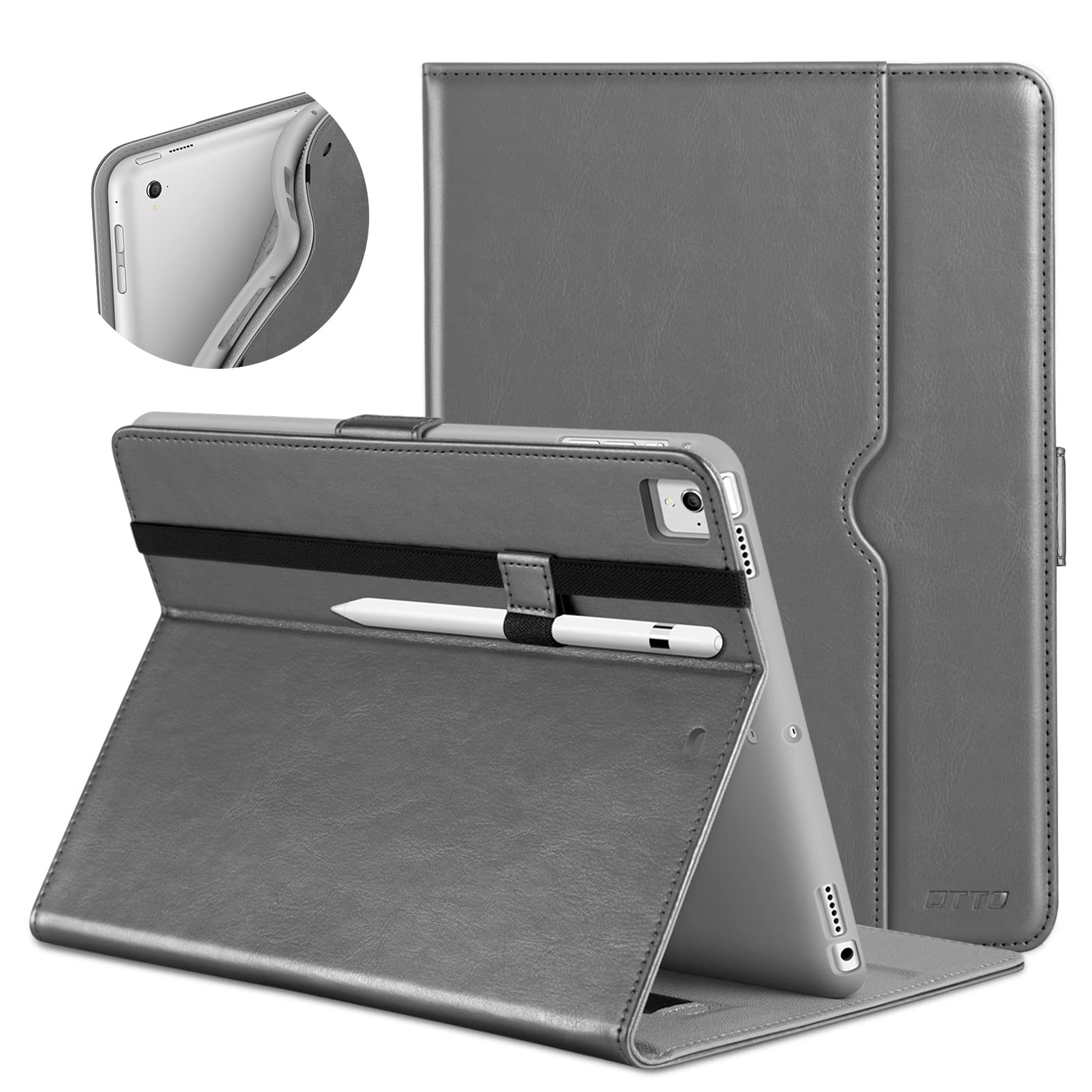 Premium Leather Folio Stand Cover Case for iPad 9.7 Inch (5th/6th Gen 2018/2017) with Apple Pencil Holder - Compatible with iPad Pro 9.7/Air 2/Air - Gray | Perfect for Work, Study & Travel Protection