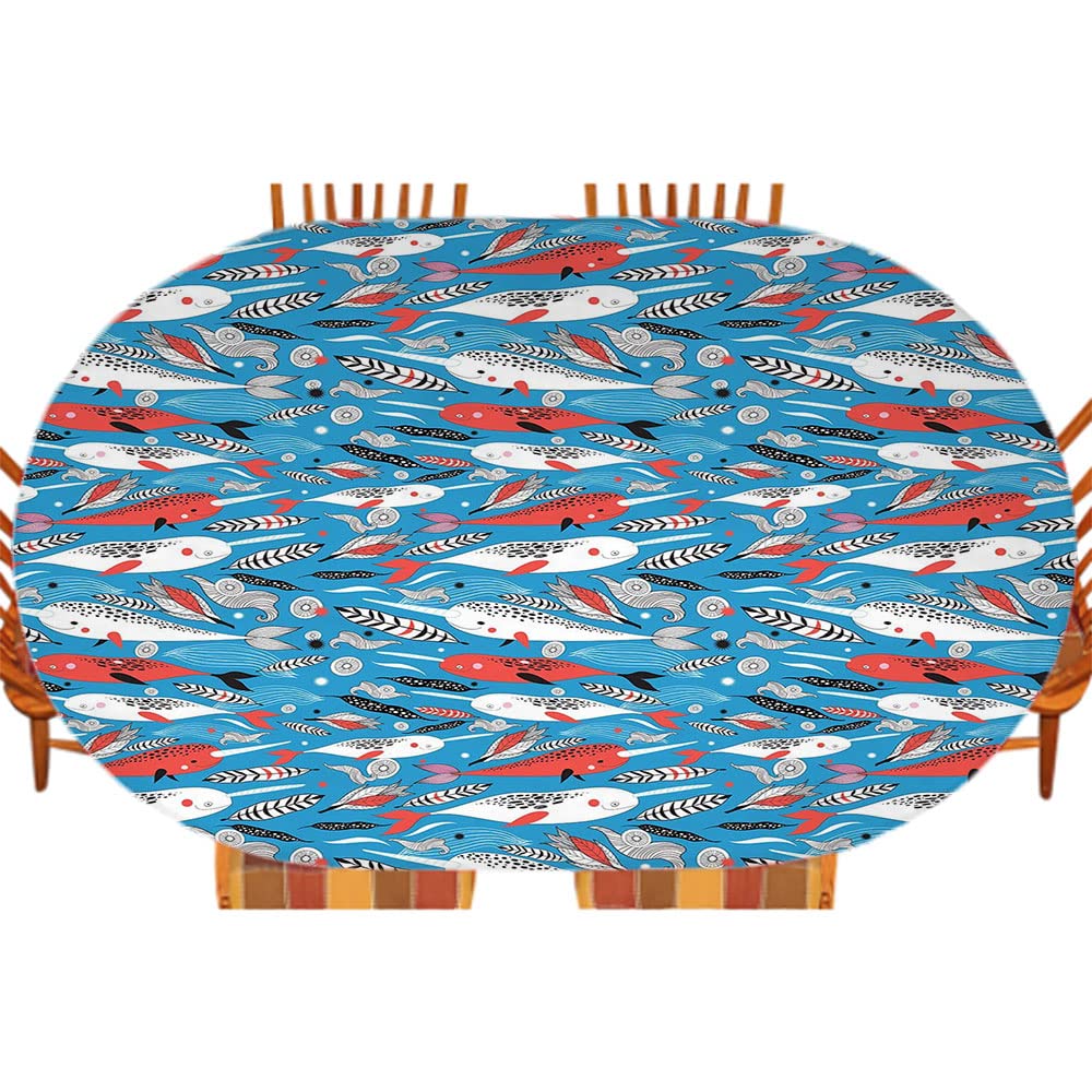 Whale & Bird Feather Print Elastic Fitted Tablecloth - Underwater Life Theme, Colorful Design for Kitchen Dining Table Decor, Outdoor Picnics - Fits 48x68 Inch Oval Tables - Waterproof & Wrinkle-Resistant for Parties & Daily Use