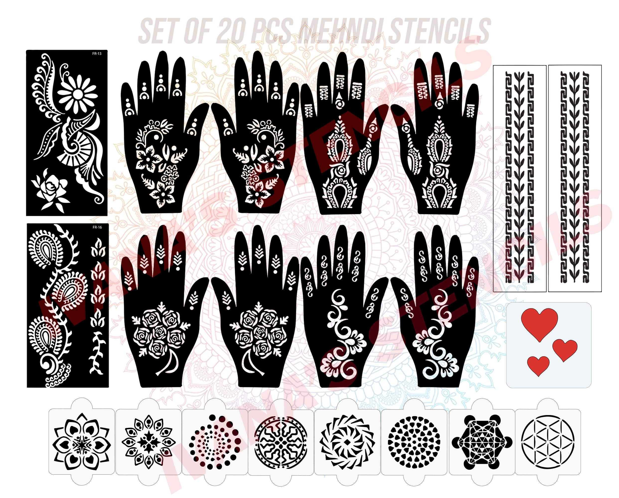 20-Piece Reusable Henna Stencil Kit for Hands - Easy Mehandi Design Stickers for Girls, Women, Kids & Teens | Perfect for Parties, Weddings & Festive Occasions | D-2197