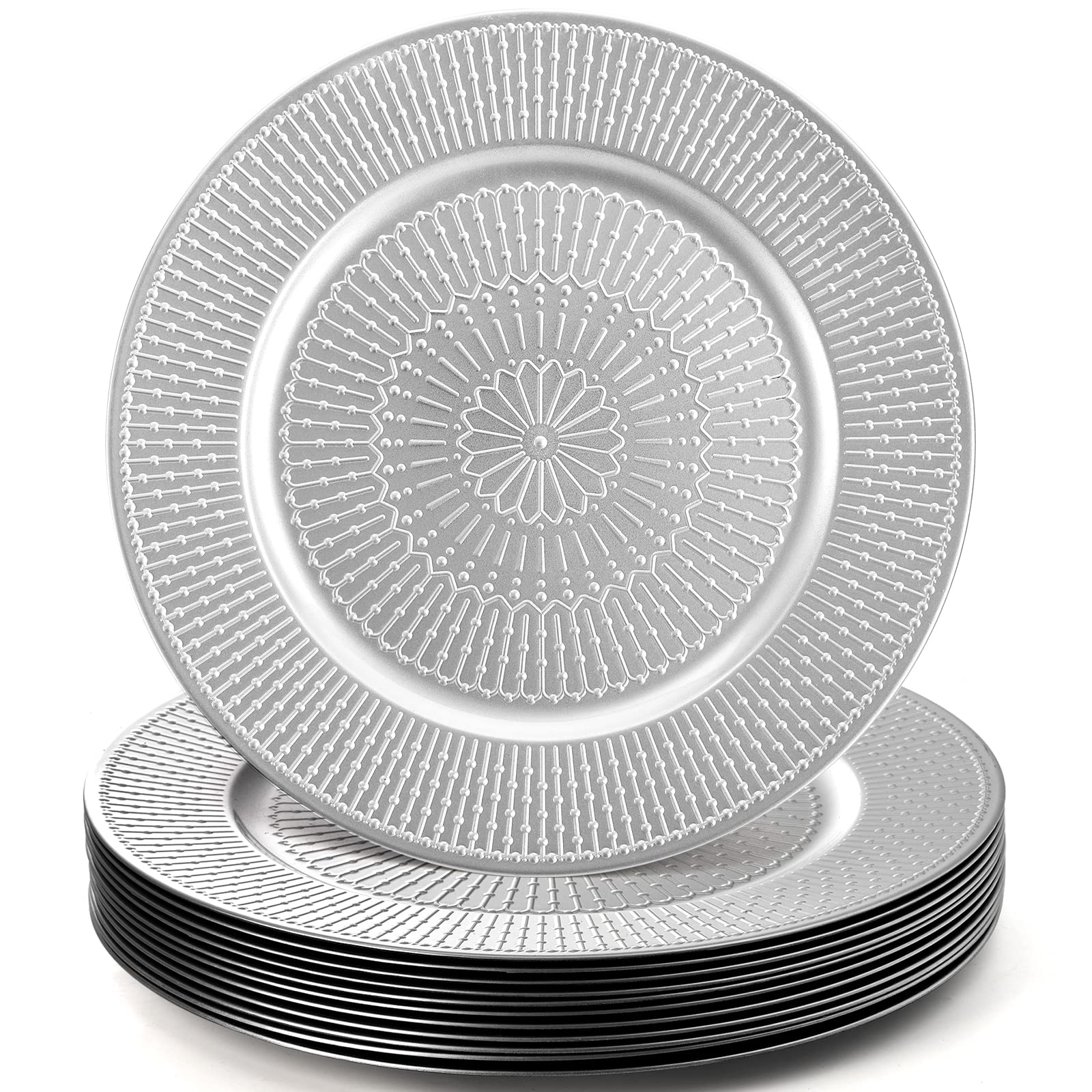12 Pack Silver Charger Plates - 13 Inch Beaded Elegant Dinner Plates for Wedding, Party, Holiday & Special Events - Perfect for Table Decor, Buffet Serving & Formal Dining Settings