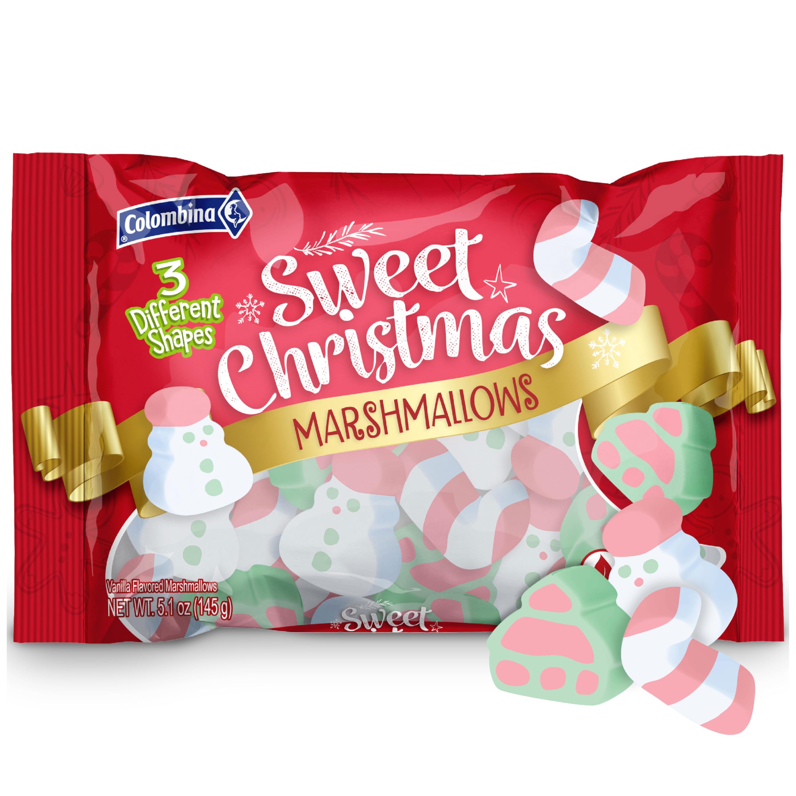 Colombina Sweet Christmas Marshmallows - Soft Vanilla Bean Holiday Treats in Festive Shapes (Trees, Candy Canes & Santas) - 5.1oz Pack - Perfect for Stocking Stuffers, Gift Baskets & Hot Cocoa Toppings