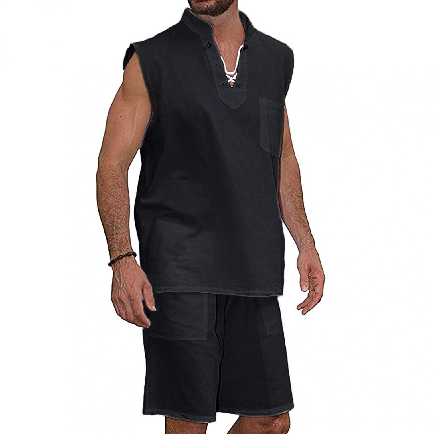 UTPO Men's 2-Piece Linen Outfit - Summer Casual Tank Top & Shorts Set | Stylish Beachwear, Cool Hippie Style Sleeveless Suit for Vacation, Pool Party & Outdoor Activities