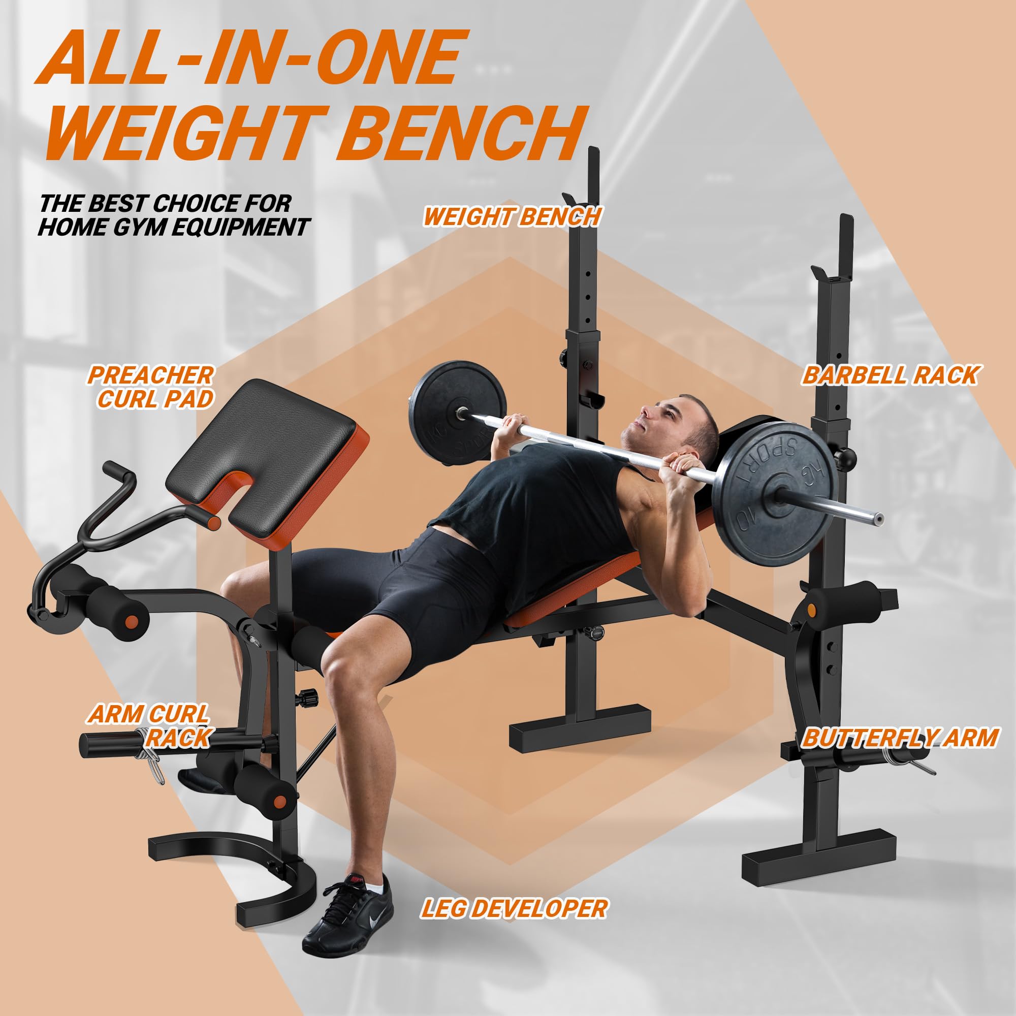 XDDIAS 770LBS Adjustable Weight Bench Set - 6-in-1 Olympic Home Gym Equipment with Leg Extension, Rack & Preacher Pad - Flat/Incline Bench Press for Strength Training - Perfect for Home Workouts & Weight Lifting Exercises