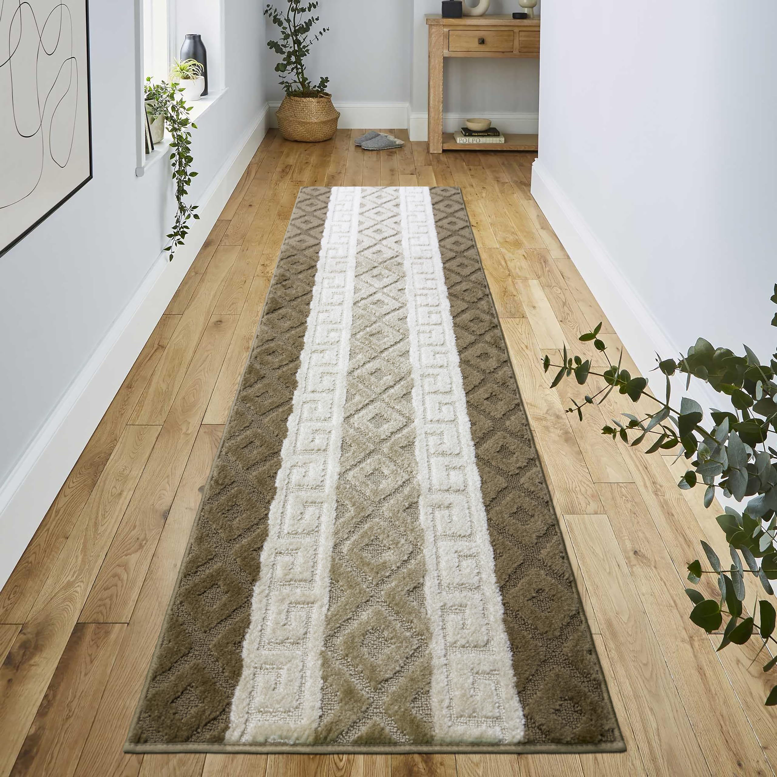 Non-Slip Greek Key Runner Rug - 26x10 Feet Washable Hallway Carpet with Rubber Backing | Perfect for Entryway, Kitchen, Bathroom & Bedroom | Durable & Customizable Length for Home Decor
