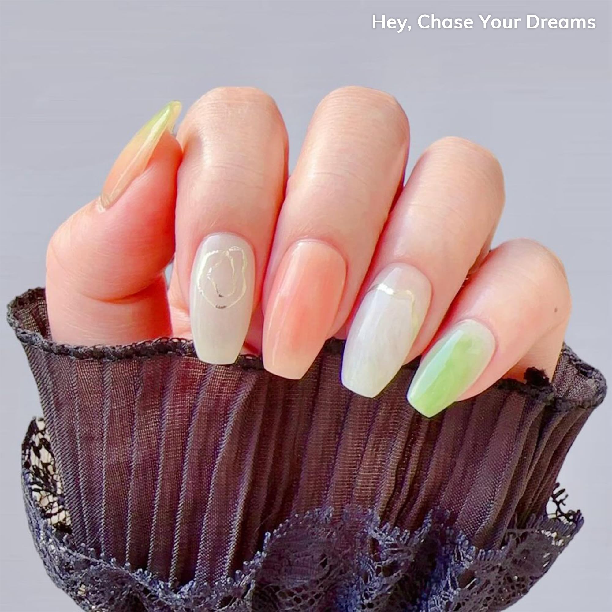 Semi Cured Gel Nail Strips - No LED Lamp Needed, Sun Cured & Easy to Apply | 28 Strips with Prep Pad, Nail File & Wooden Stick | Perfect for Home Manicures, Travel & DIY Nail Art - Hey, Chase Your Dreams