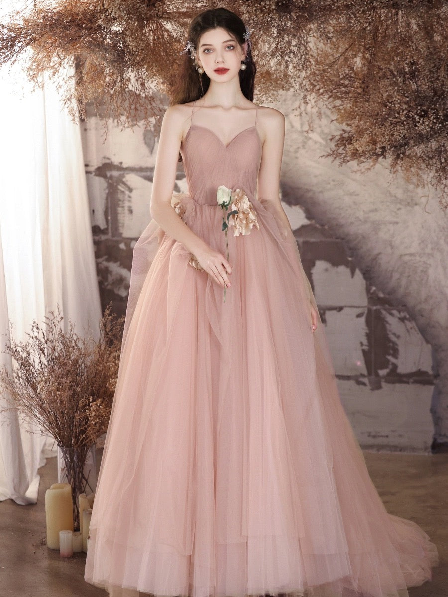 Elegant A-Line V-Neck Tulle Flower Pink Long Prom Dress for Women - Perfect for Evening Gala, Formal Dance & Special Occasions