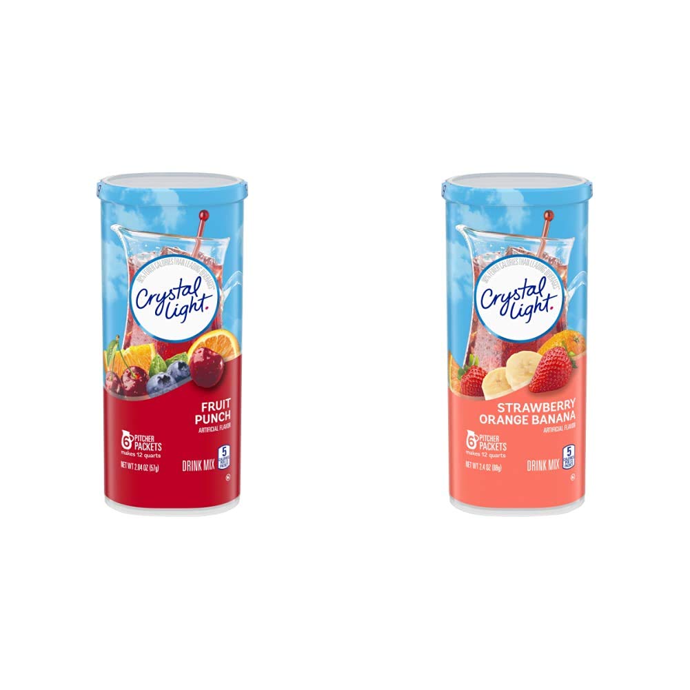 Sugar-Free Crystal Light Fruit Punch & Strawberry Orange Banana Low-Calorie Drink Mix Powder - 144 Pitcher Packets for Hydration, Weight Loss & Healthy Lifestyle