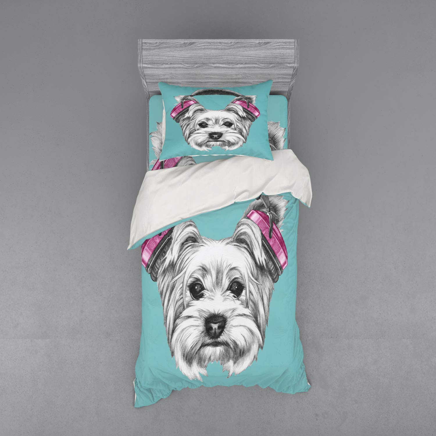 Ambesonne Yorkie Duvet Cover Set - Hand Drawn Yorkshire Terrier Dog with Headphones Music Listening Caricature | 3-Piece Twin Size Bedding Set with Sham & Fitted Sheet in Pale Blue & White | Perfect for Dog Lovers' Bedrooms, Kids Rooms & Unique Gift Ideas