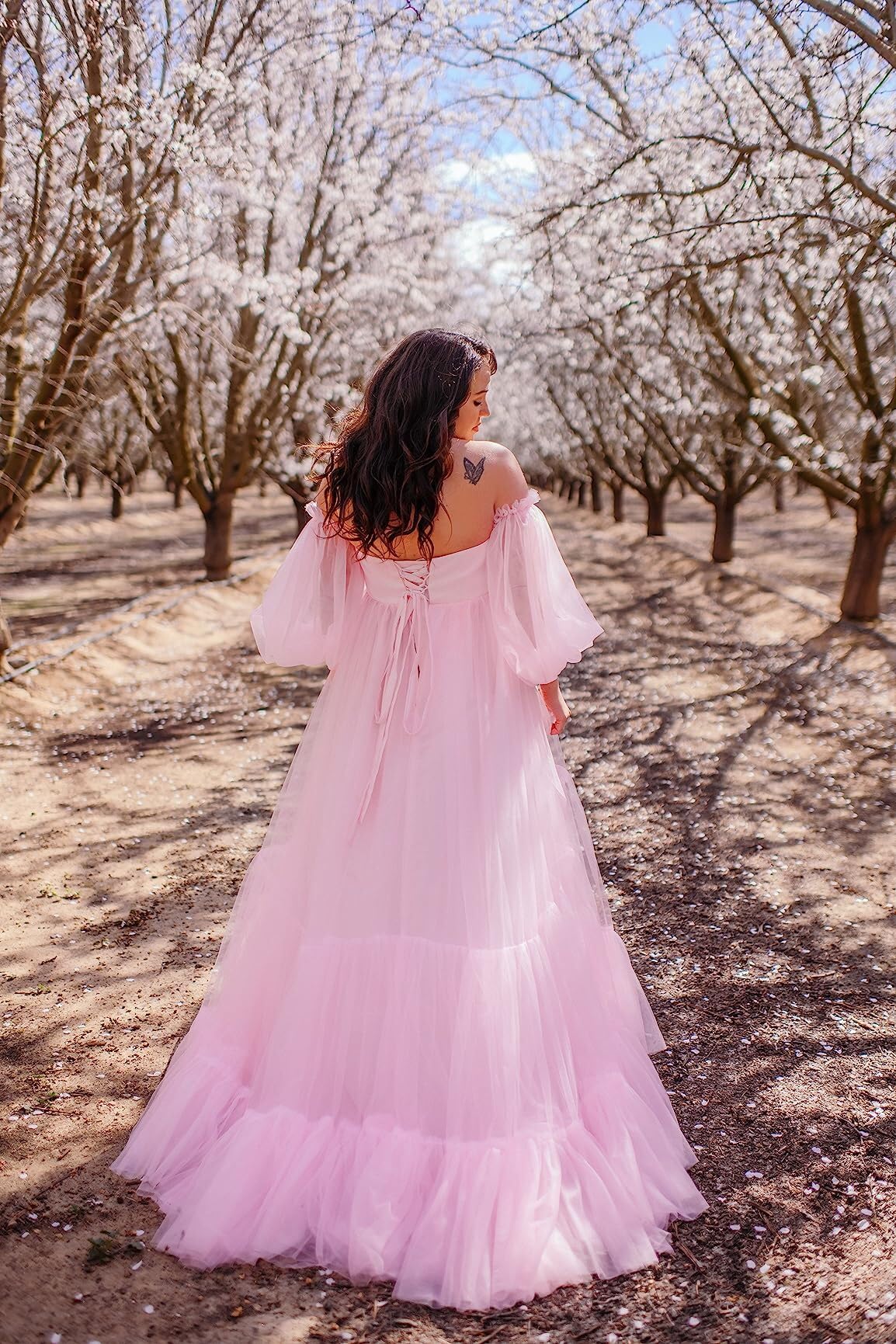 Elegant Winter Off Shoulder Tulle Maternity Dress for Baby Shower, Pregnancy Photoshoot & Special Occasions | Flowy Long Sleeve Gown for Expecting Moms