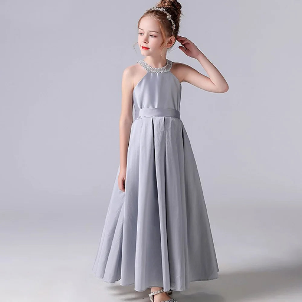 Silver Satin Halter Flower Girl Dress - Long Princess Pageant Gown for Weddings, Baptisms & Special Occasions