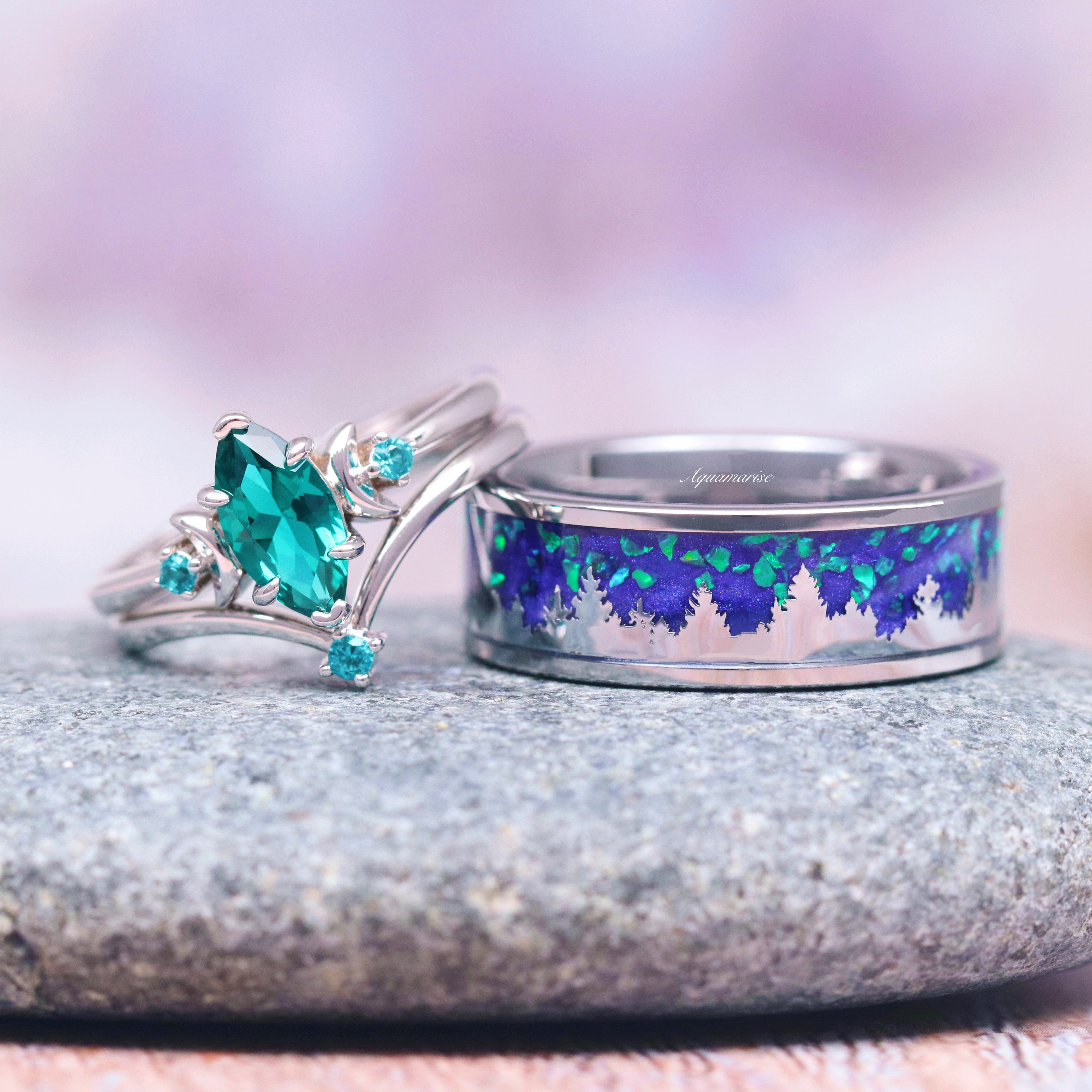 Borealis Forest & Teal Sapphire Couples Ring Set - Northern Lights & Trees Design - Matching Wedding Bands for Him & Her - Perfect for Anniversaries, Engagements & Romantic Gifts