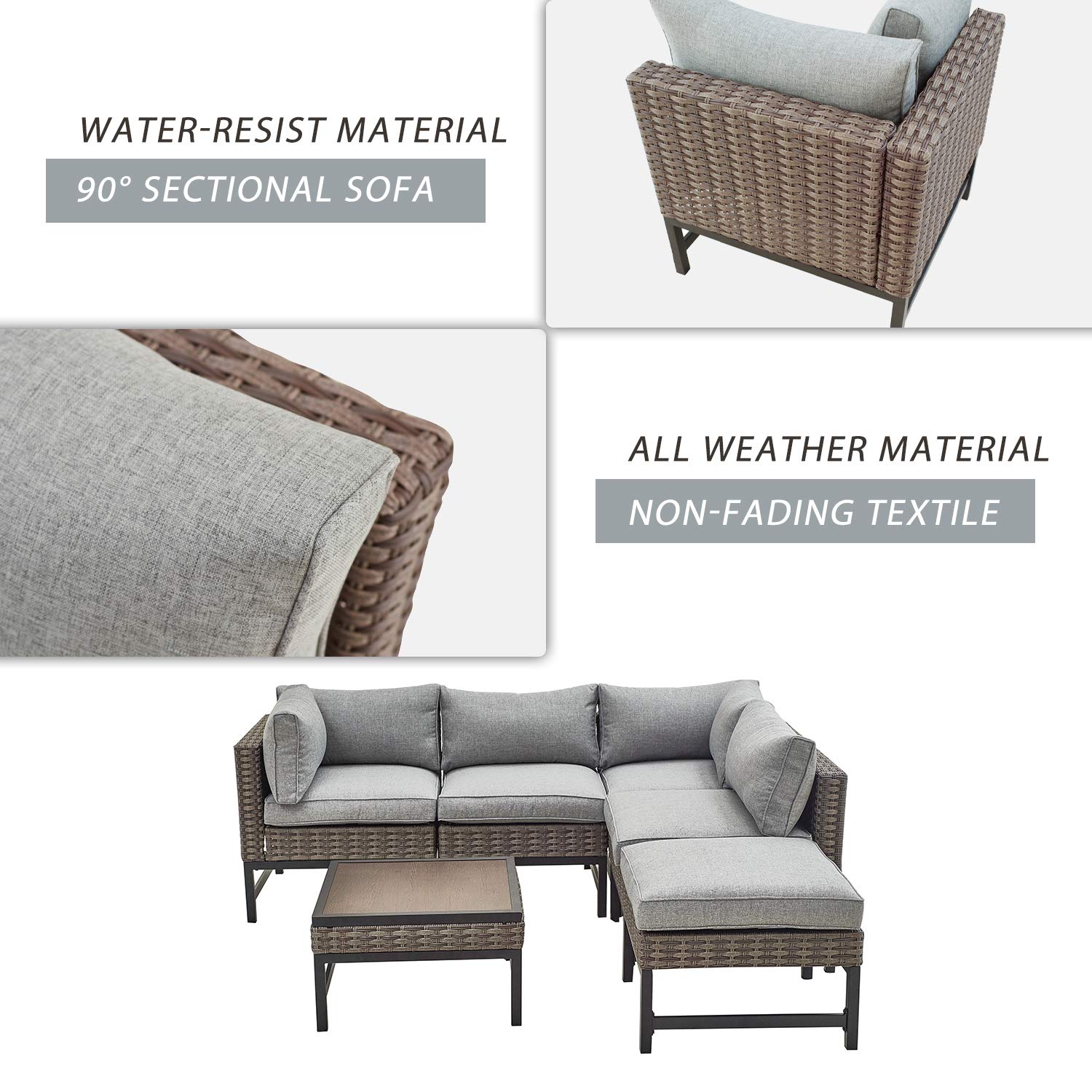 6-Piece Outdoor Patio Furniture Set - All-Weather Black Wicker Sectional Sofa with Square Coffee Table & Removable Cushions (Grey) - Perfect for Backyard, Garden, Poolside or Balcony Relaxation
