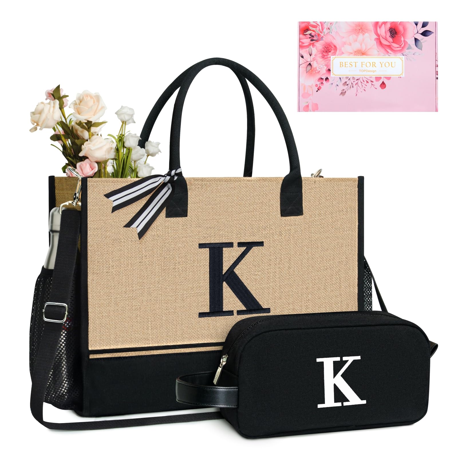 TOPDesign Personalized Initial Canvas Tote Bag - Custom Monogrammed Gift for Women, Mom, Teachers & Friends - Perfect for Weddings, Birthdays, Beach Trips & Everyday Use