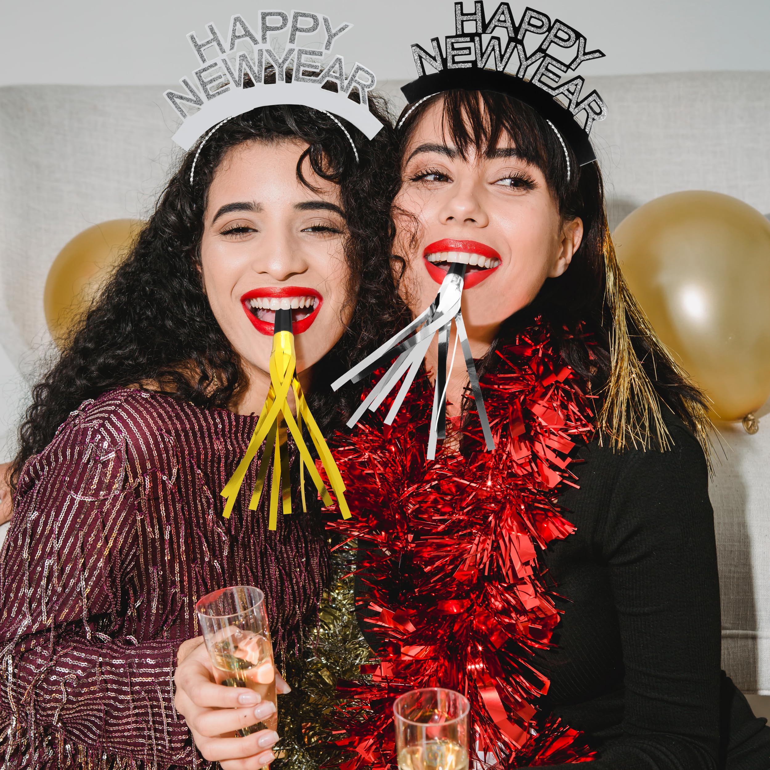 2025 New Year's Eve Party Supplies Kit - 36pcs Black Gold Silver Headbands, Noise Makers, Cone Hats & Cheers Glasses - NYE Party Decorations & Accessories for Countdown Celebrations, Ball Drop Events & New Year's Eve Parties